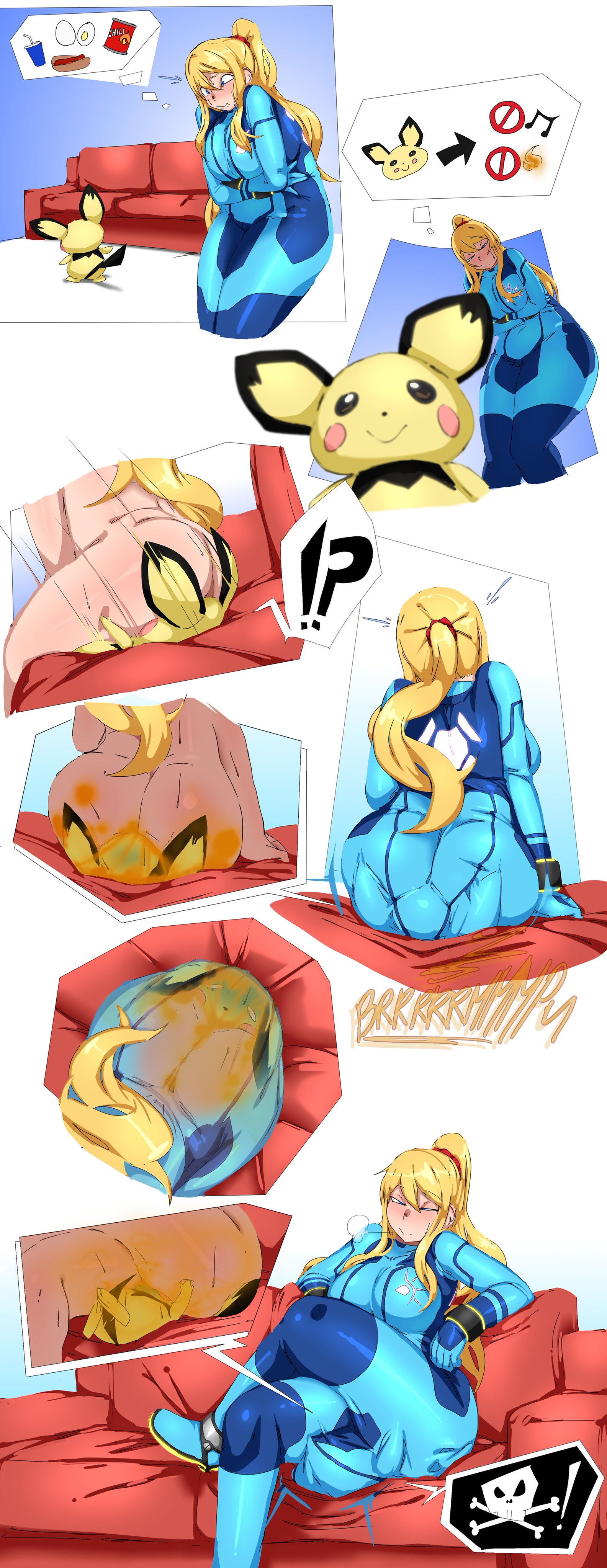 ass, big ass, blue eyes, breasts, ears up, facefart, facefarting, facesitting, fart, fart fetish, lazei, metroid, nintendo, pichu, pokémon (species), pokemon, pokemon (species), samus aran, tail, yellow hair