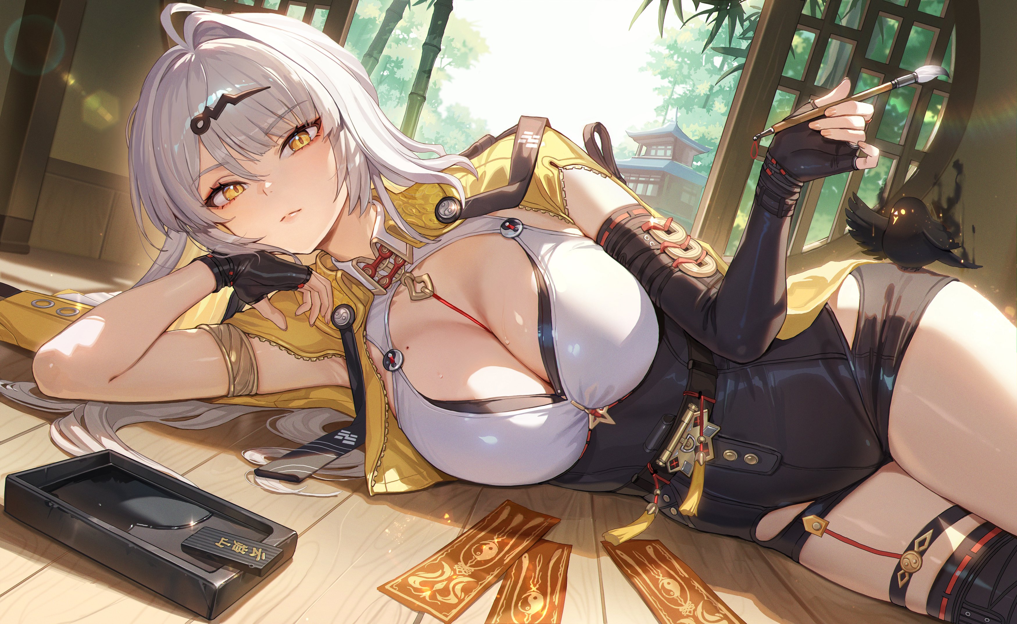 1girl, absurdres, arm support, asymmetrical gloves, big breasts, black gloves, black thighhighs, breasts, cleavage, closed mouth, commentary, fingerless gloves, gloves, grey hair, hair ornament, highres, holding, indoors, large breasts, long hair, looking at viewer, lying, mole, mole on breast, on side, short sleeves, single thighhigh, solo, thigh strap, thighhighs, uneven gloves, whoisshe, wooden floor, yellow eyes, yixuan (zenless zone zero), zenless zone zero