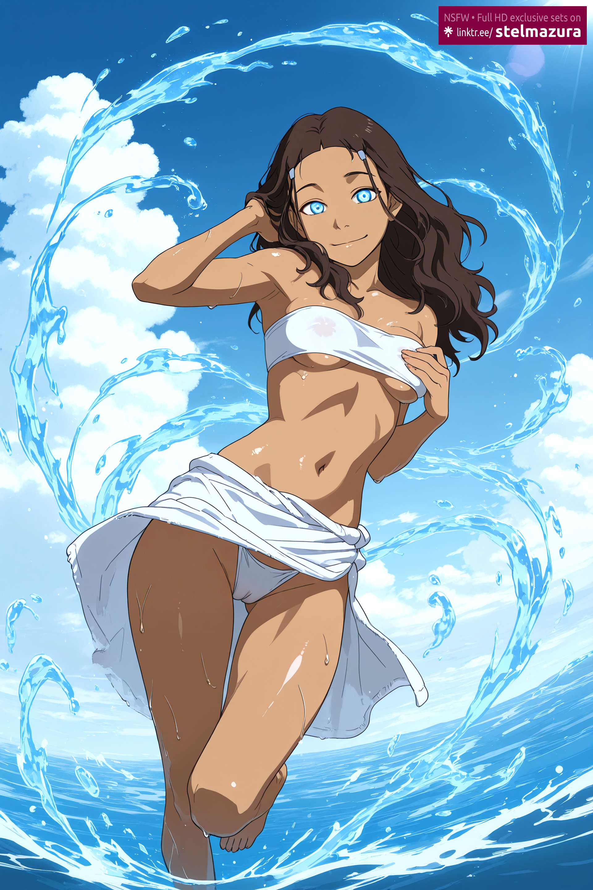 ai assisted, ai generated, armpits, ass visible through thighs, avatar the last airbender, bare shoulders, barefoot, bikini, blue eyes, blue sky, breasts, brown hair, cameltoe, cloud, collarbone, covered nipples, dark skin, dark-skinned female, day, female, female only, katara, long hair, looking at viewer, medium breasts, navel, nickelodeon, nicktoons, ocean, outdoors, sarong, see-through, shiny, sky, smile, solo, standing, stelmazura, strapless, sun, swimsuit, thigh gap, tube top, underboob, water, wet, white bikini