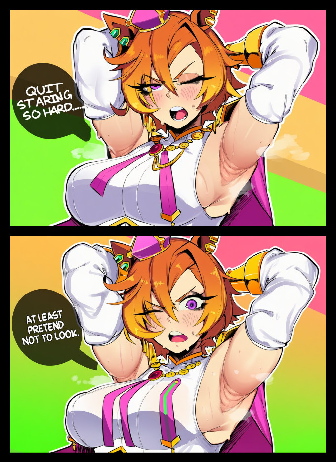 1girls, 2d, 2koma, ai generated, angry, animal ears, annoyed, armpit fetish, armpits, arms behind head, arms up, big breasts, blush, breasts, cape, comic, crown, detached sleeves, english, english text, female, female only, horse ears, horse girl, large breasts, looking at viewer, mini crown, one eye closed, open mouth, orange hair, pink cape, presenting armpit, purple eyes, shirt, short hair, sideboob, sloppingslurpie, solo, solo female, speech bubble, steam, steaming body, sweat, sweatdrop, t.m. opera o (umamusume), teeth, text, umamusume, umamusume pretty derby, upper body
