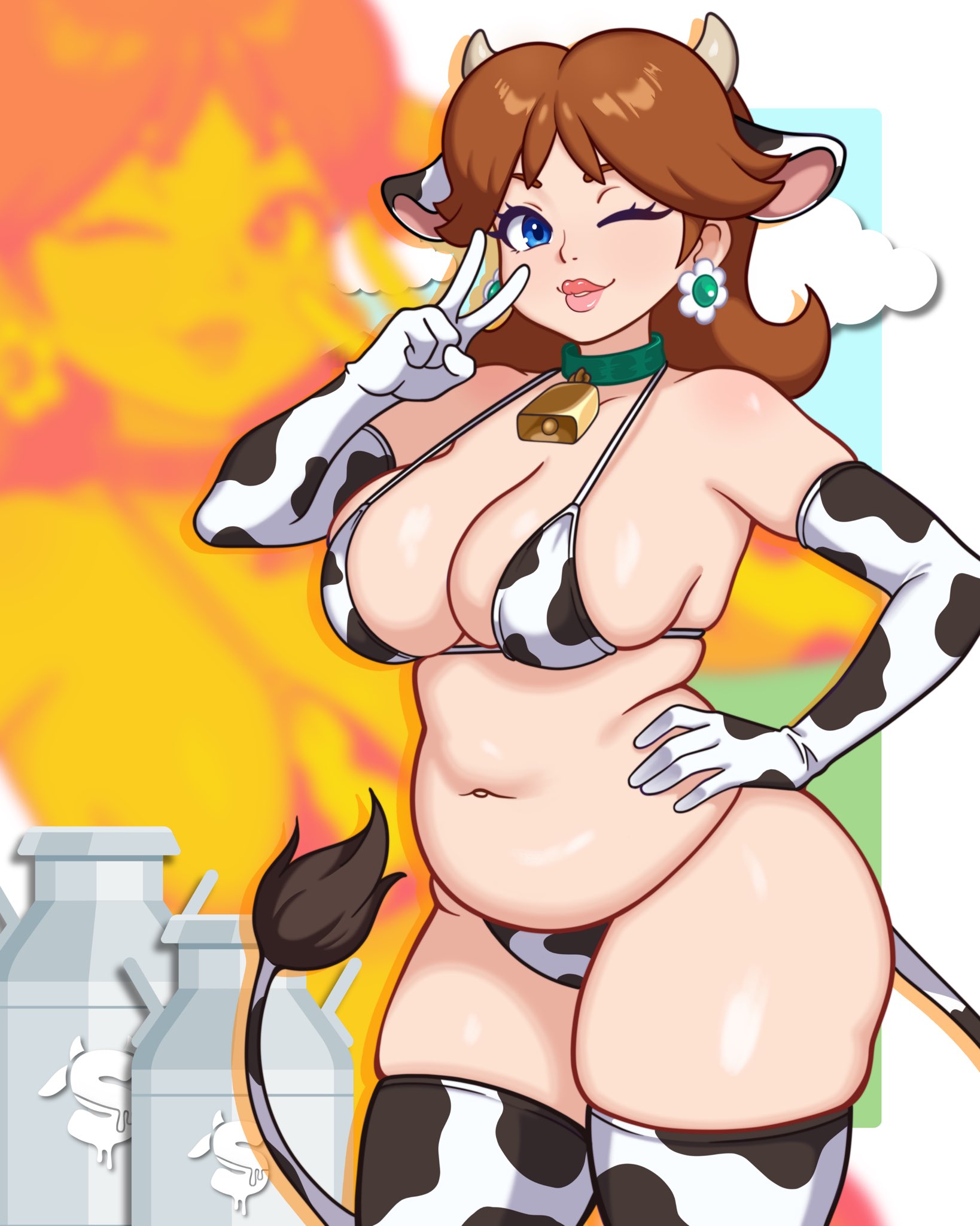 1girls, belly, bikini, bikini bottom, breasts, brown hair, brunette hair, choker, cow ears, cow girl, cow print, cow print bikini, cow tail, cowbell, dark hair, earrings, female, female only, flower earrings, gloves, horns, human, human only, legwear, lips, lipstick, looking at viewer, mario (series), mature, mature female, medium breasts, milk tank, nintendo, one eye closed, overflowing breasts, panties, peace sign, plump, princess, princess daisy, royalty, smiling, smiling at viewer, solo, solo female, solo focus, super mario bros., sxucee, tail, thick thighs, thighhighs, thighs, tomboy, voluptuous, voluptuous female, wink, winking at viewer