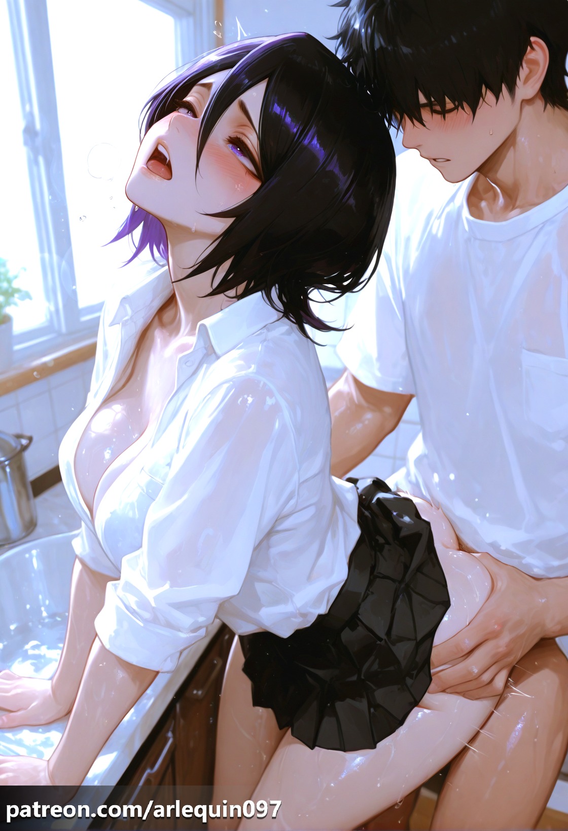 1boy, ai generated, arlequin097, ass, ass grab, black hair, black skirt, bleach, bleach: the thousand-year blood war, blush, bra, breasts, cleavage, closed eyes, clothed sex, clothes lift, doggy style, female, hair between eyes, indoors, kuchiki rukia, large breasts, open mouth, patreon username, pleated skirt, purple eyes, school uniform, sex, sex from behind, shiny, shirt, short hair, short sleeves, skirt, skirt lift, standing, standing sex, straight, sweat, underwear, wet, wet clothes, wet shirt, white shirt, window