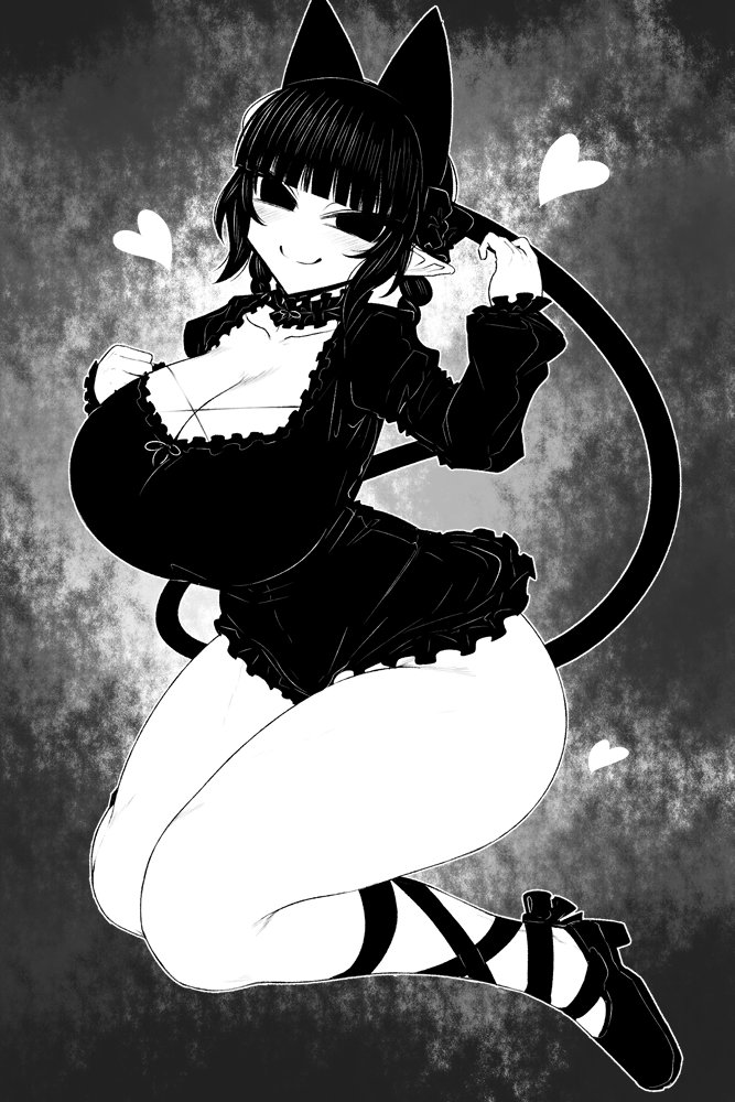 animal_ears blush braid choker dress ginku_mh heart huge_breasts monochrome no_panties pointy_ears rin_kaenbyou smile tail touhou