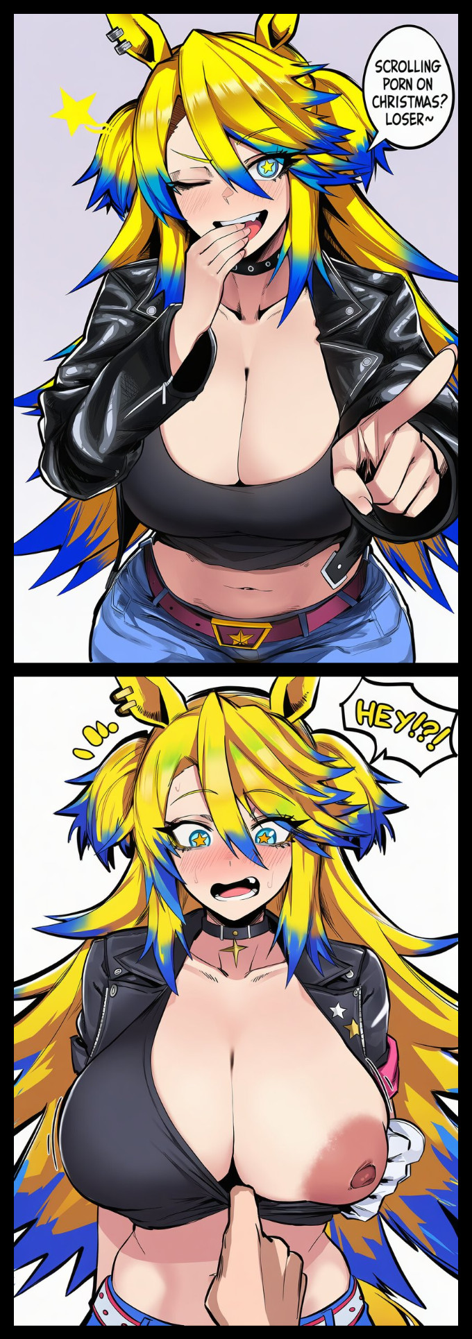 1boy, 1girls, 2d, 2koma, ai generated, animal ears, areola, areolae, belt, big breasts, black choker, black jacket, blonde hair, blue eyes, blue hair, blush, breasts, choker, cleavage, clothes pull, collar, collarbone, comic, crop top, denim, embarrassed, english, english text, female, hair between eyes, horse ears, horse girl, horse tail, huge breasts, jacket, jeans, large breasts, leather, leather jacket, long hair, looking at viewer, male, male/female, midriff, multicolored hair, navel, nipples, obey your master (umamusume), oerba yun fang, one breast out, one eye closed, open jacket, open mouth, pants, pointing, pov, puffy nipples, sloppingslurpie, smile, speech bubble, star (symbol), streaked hair, symbol-shaped pupils, tail, teasing, teasing viewer, teeth, text, two side up, umamusume, umamusume: cinderella gray, very long hair, wide hips, yellow pupils