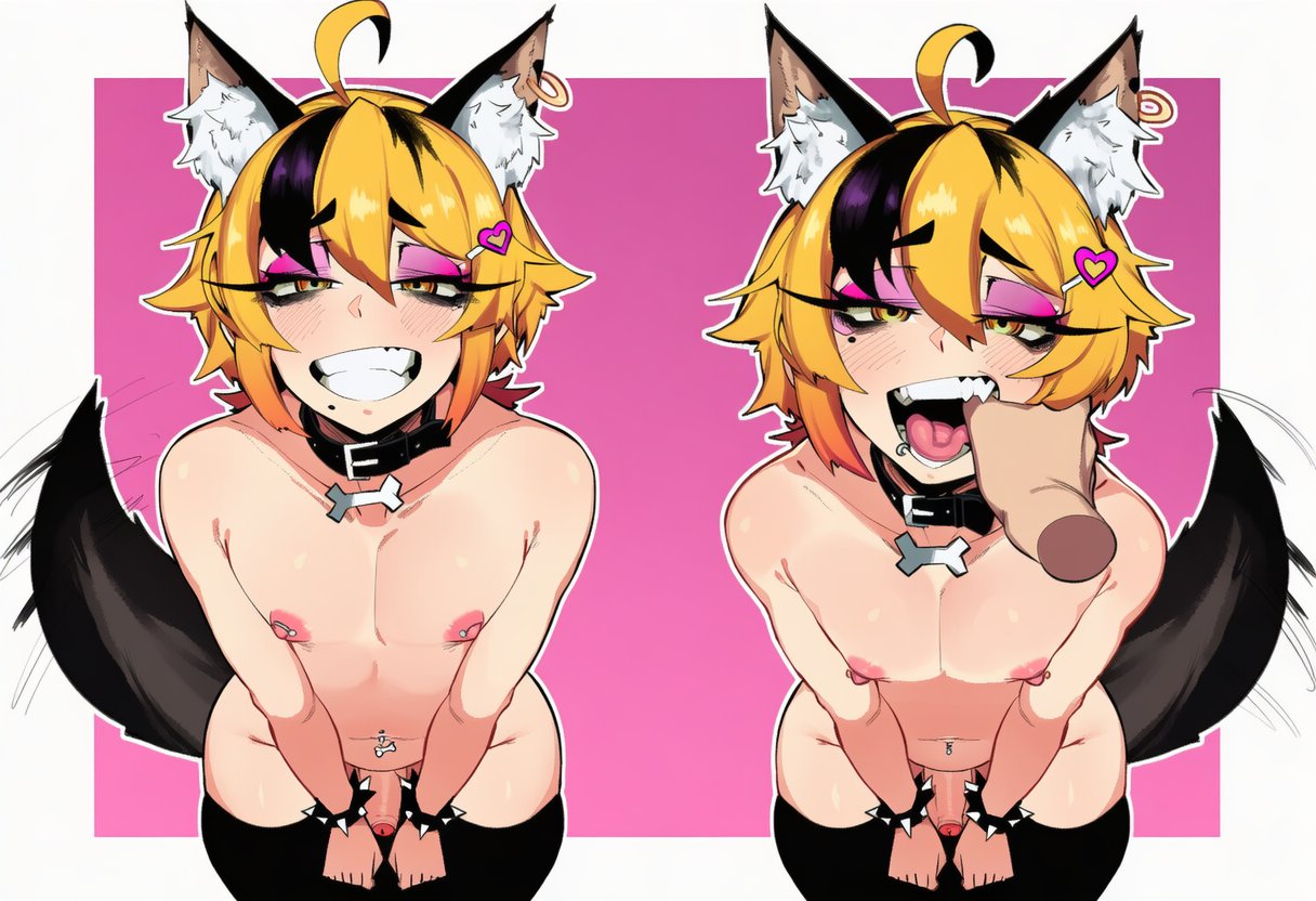 2boys, 2d, ahoge, ai generated, animal ear fluff, animal ears, animal tail, black collar, black hair, black thighhighs, blonde hair, bracelet, cock, collar, disembodied limb, dog boy, dog ears, dog tail, ear piercing, earrings, eyeliner, eyeshadow, fangs, femboy, finger in another's mouth, grin, hair between eyes, hair ornament, hairclip, heart, jewelry, large thighs, looking at viewer, makeup, male, male focus, male only, mole, mole under eye, motion lines, multicolored hair, multiple boys, multiple views, navel, navel piercing, nipple bar, nipple piercing, nipples, open mouth, original, otoko no ko, penis, piercing, sharp teeth, short hair, sloppingslurpie, smile, spiked bracelet, spiked collar, spikes, tail, tail wagging, teeth, thick thighs, thighhighs, thighs, tongue, tongue out, tongue piercing, wicca (sloppingslurpie), wide hips, yaoi, yellow eyes