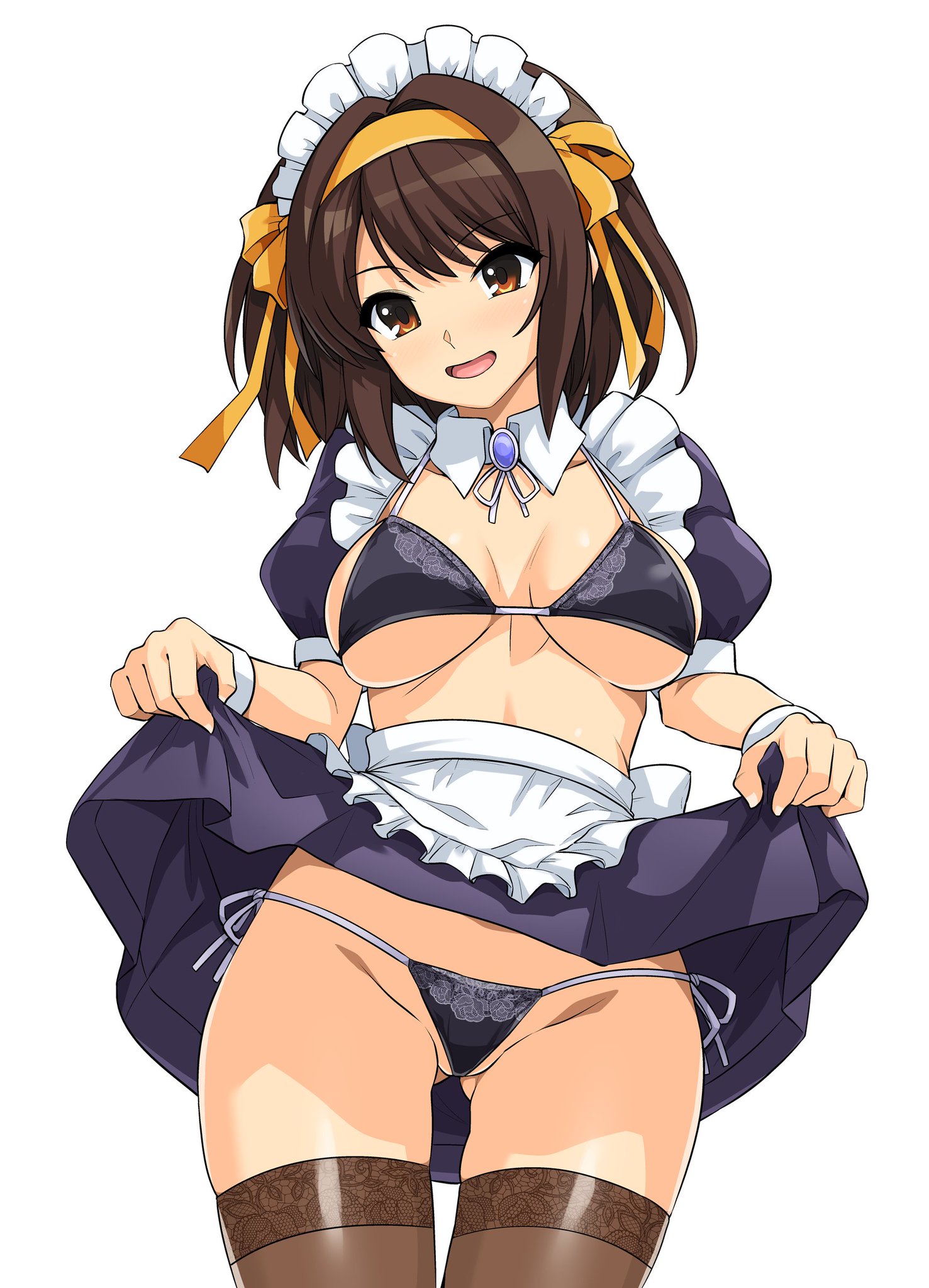 1girls, bikini, clothed female, haruhisky, maid outfit, skirt lift, suzumiya haruhi, suzumiya haruhi no yuuutsu, tagme