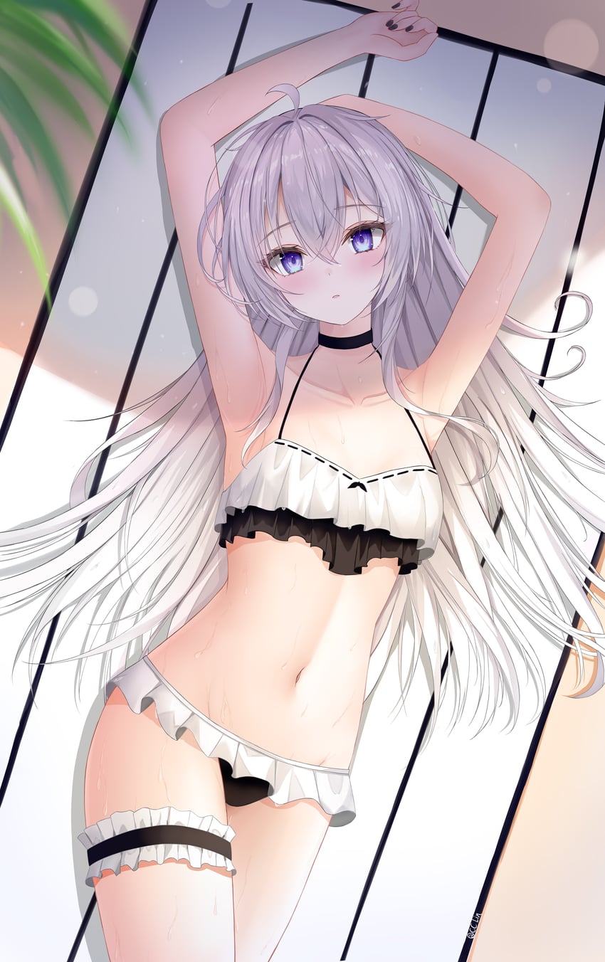 absurdres, ahoge, alternate costume, arms up, bikini, black bikini, blue eyes, cc lin, chinese commentary, commentary request, elaina (majo no tabitabi), english commentary, female, frilled bikini, frills, highres, linea alba, long hair, looking at viewer, lying, majo no tabitabi, mat, mixed-language commentary, navel, sand, solo, stomach, swimsuit, tree, very long hair, white hair