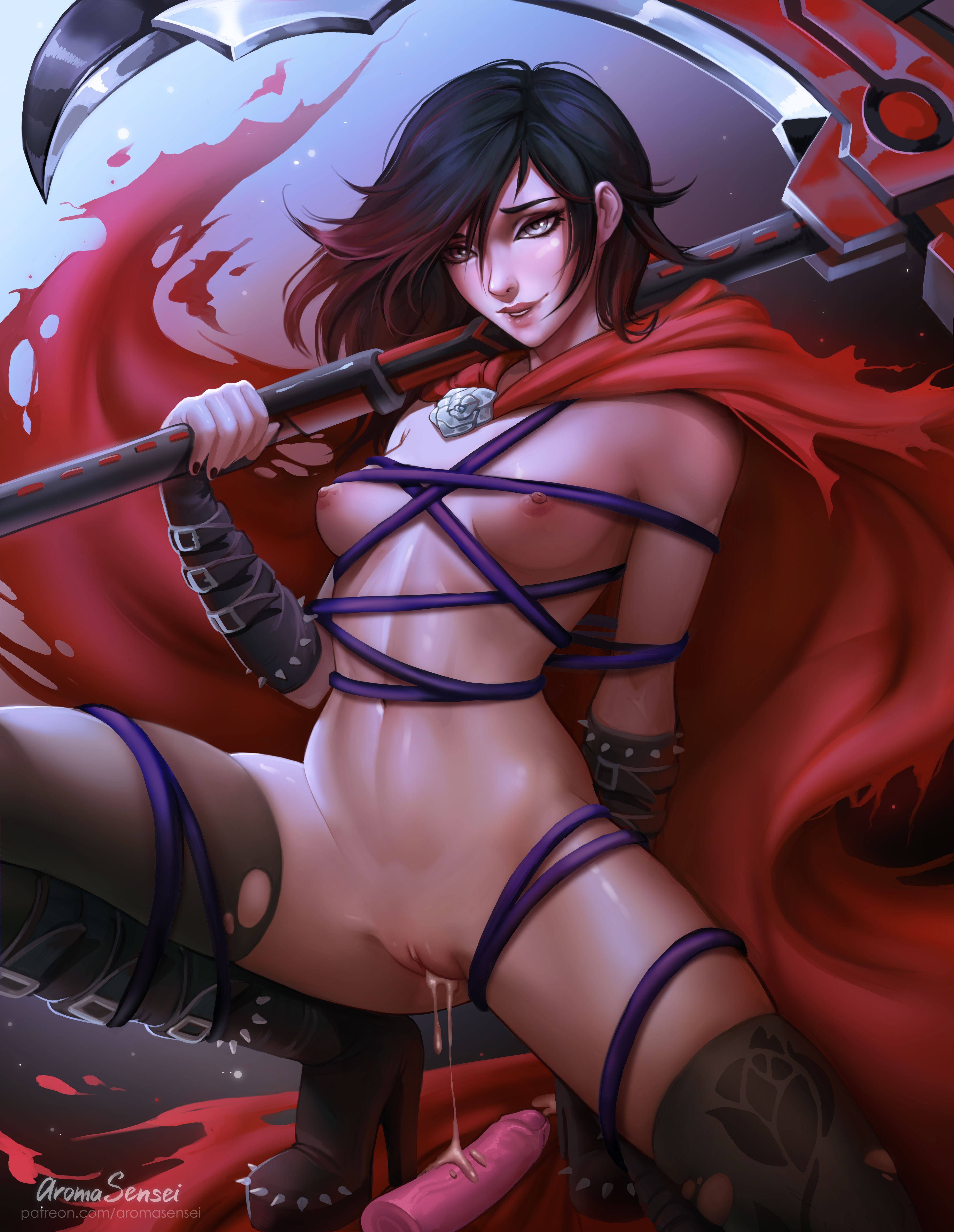absurdres, areolae, aroma sensei, bondage, breasts, crescent rose, cum, cum drip, cum in pussy, cum inside, dildo, female, female only, highres, naked stockings, nipples, nude, pussy, restrained, ruby rose, rwby, solo, stockings, thighhighs, torn legwear
