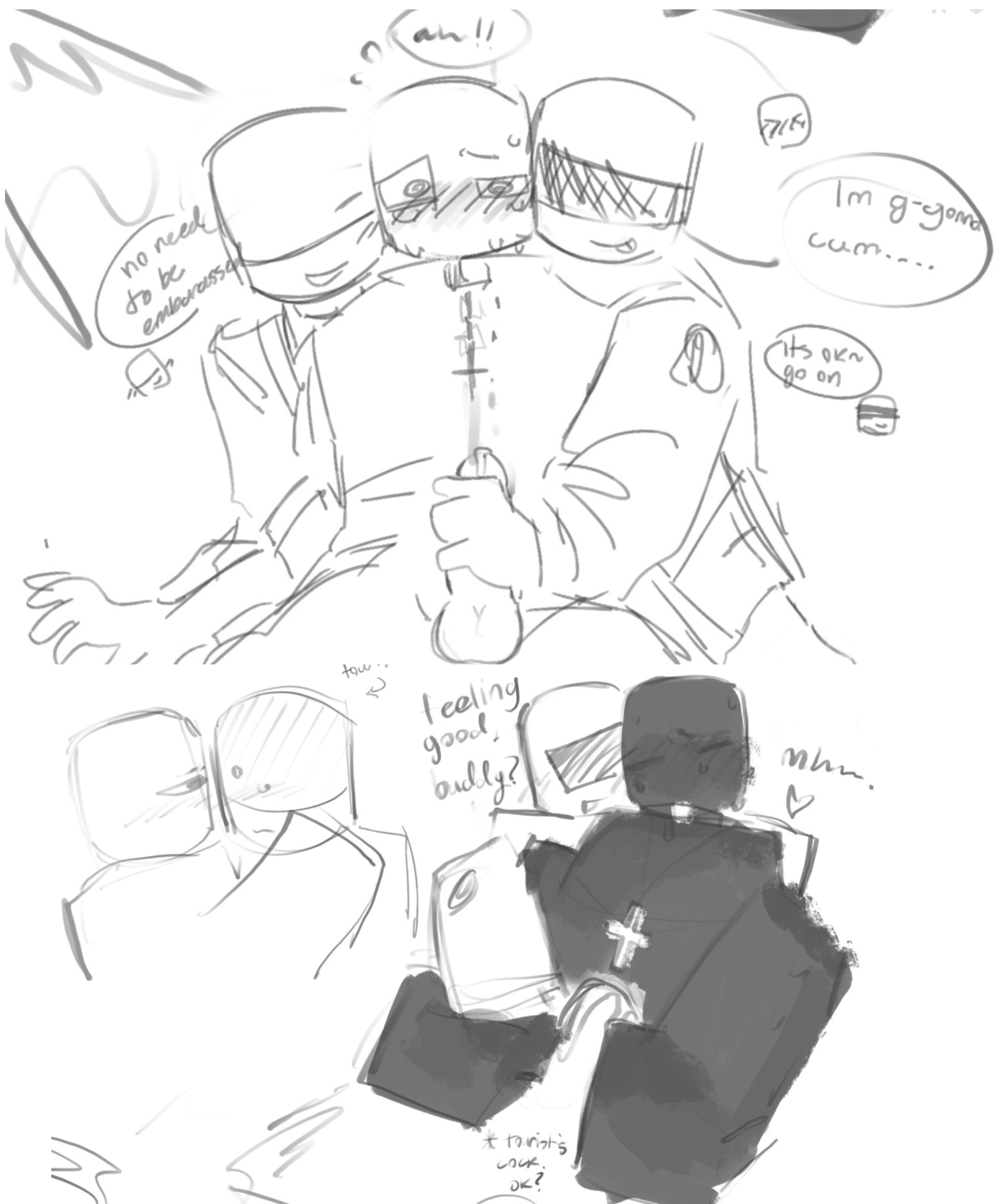 balls, crossover, dialogue, doors (roblox), endless torment trio, english text, expendable (pressure), grace (roblox), handjob, john grace (grace), mouffle, penis, pressure (roblox), roblox, roblox game, robloxian, self upload, sketch, tagme, text, tourist (doors)