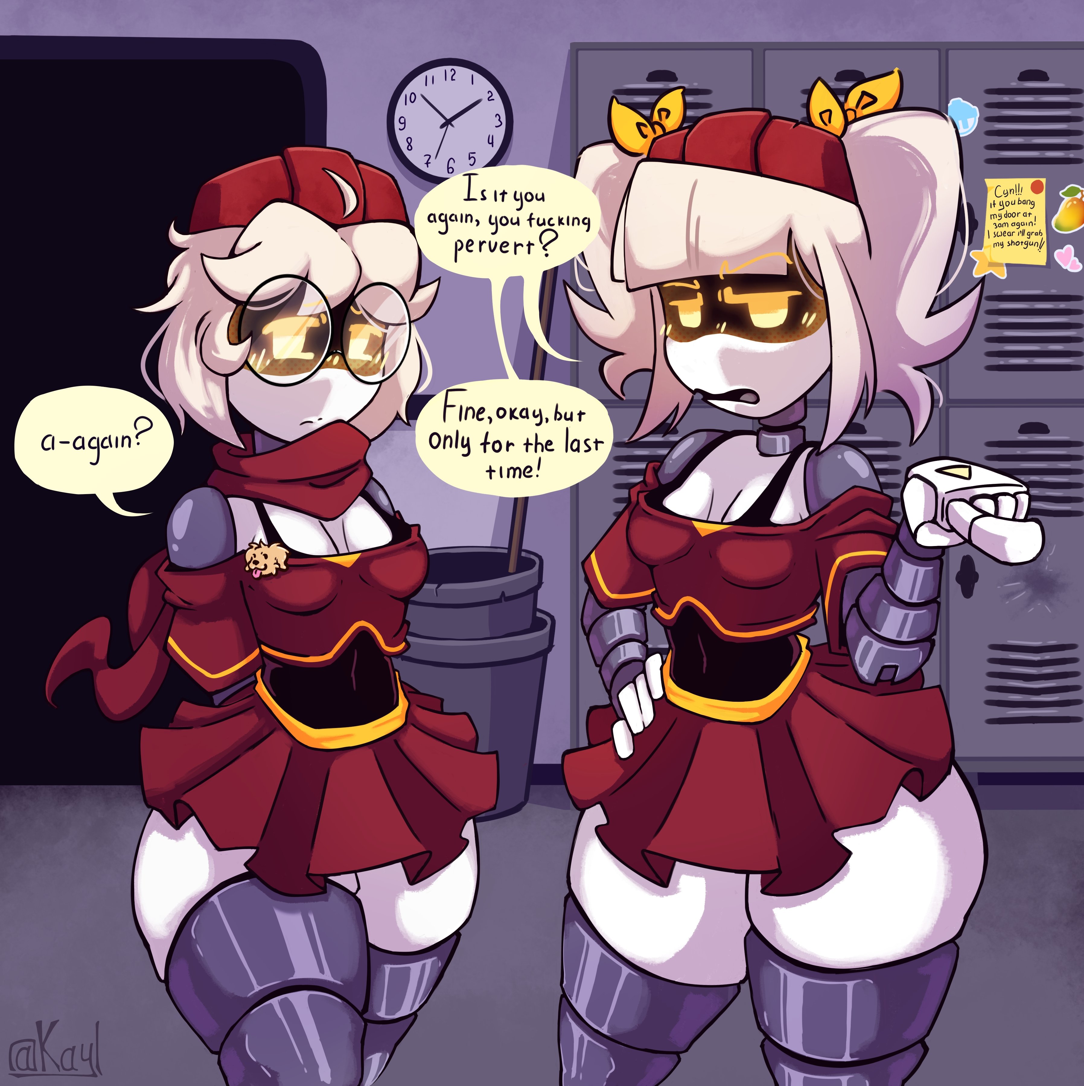 2girls, alternate version available, angry, angry expression, angry face, bra, cheerleader outfit, cheerleader uniform, female, female focus, female only, fully clothed, hallway, j (murder drones), j worker drone, kayl, motion lines, murder drones, nervous, nervous sweat, red skirt, robot, robot girl, school, small breasts, speech bubble, speed lines, text, text bubble, v (murder drones), v worker drone, wearing helmet, worker drone