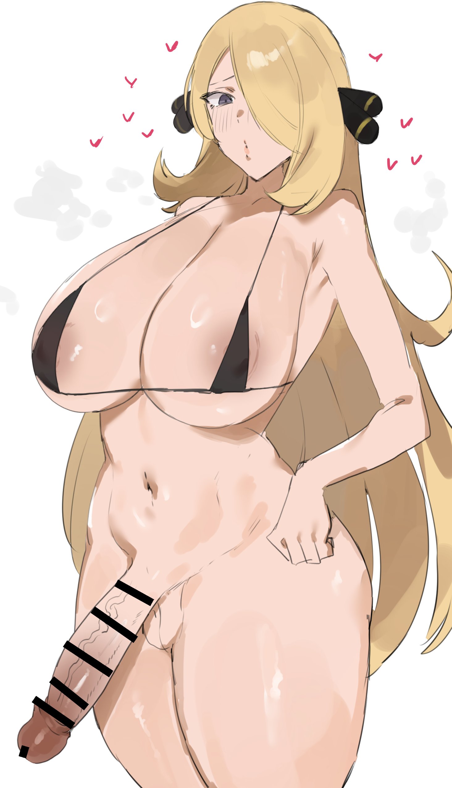 1futa, big breasts, big penis, bikini top, blonde hair, bottomless, censored, cynthia (pokemon), futa only, futanari, hearts around head, kataku musou, long hair, pokemon