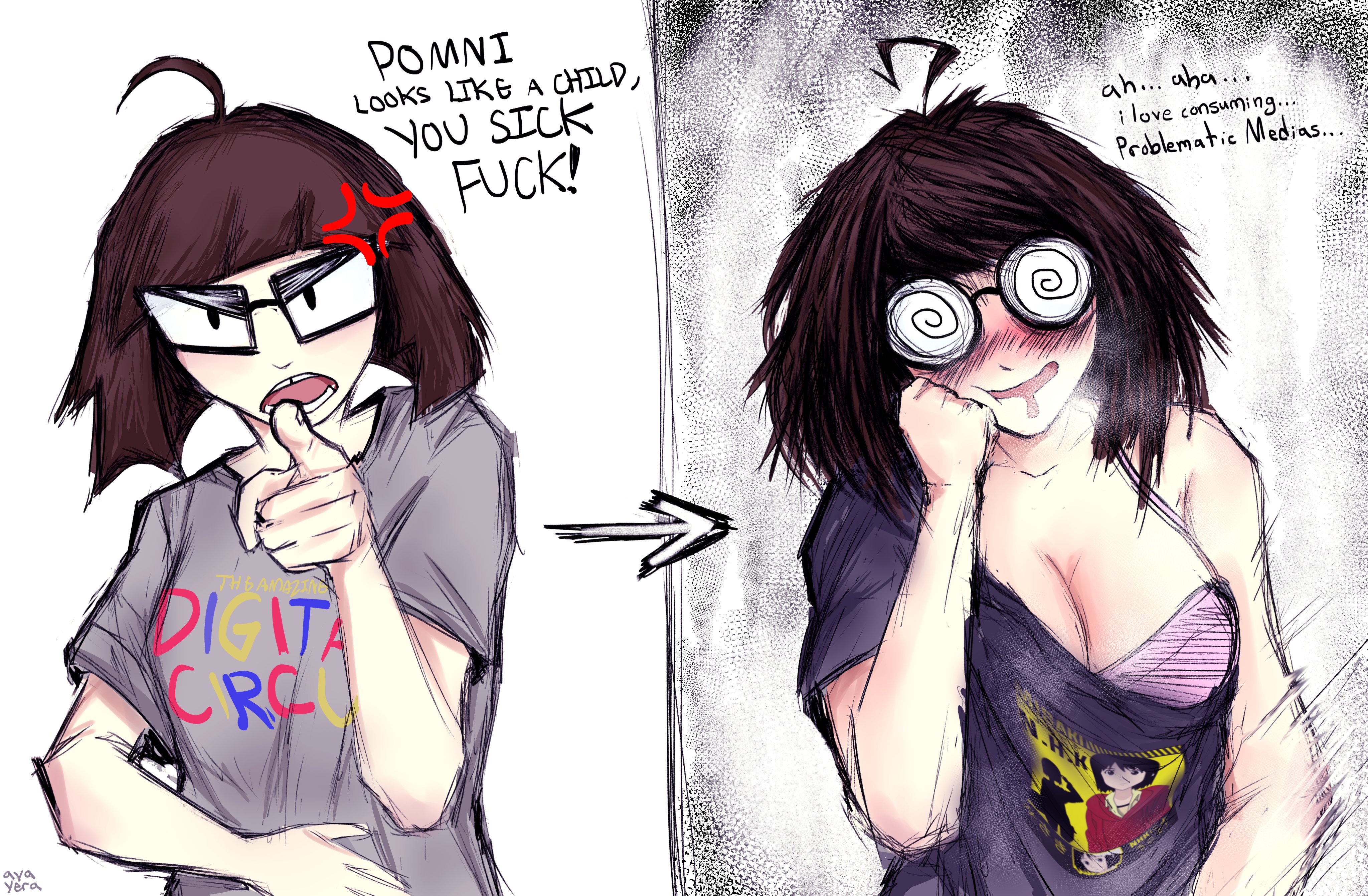 1girls, ahoge, alternate breast size, ayayera, before and after, big breasts, blush lines, blushing, bra, breasts, brown hair, brunette, brunette female, brunette hair, brunette-haired female, brush, color, comic, corruption, dialogue, drooling, english text, ethicalgooner2007 (kryptraider), female, female focus, female only, femsub, german, german female, glasses, human, human only, internet controversy, light skin, looking at viewer, meme, meme attire, meme clothing, moral degeneration, nerd, nerdy, nerdy female, open mouth, original, oversized clothes, oversized shirt, pale, pale skin, pale skinned female, pale-skin, pale-skinned female, partially clothed, pink bra, round glasses, shirt, shirt down, short hair, simple background, square glasses, stretched clothing, stretched shirt, submissive female, swirly eyes, swirly glasses, talking to viewer, text, twitter, twitter link, white background, white shirt