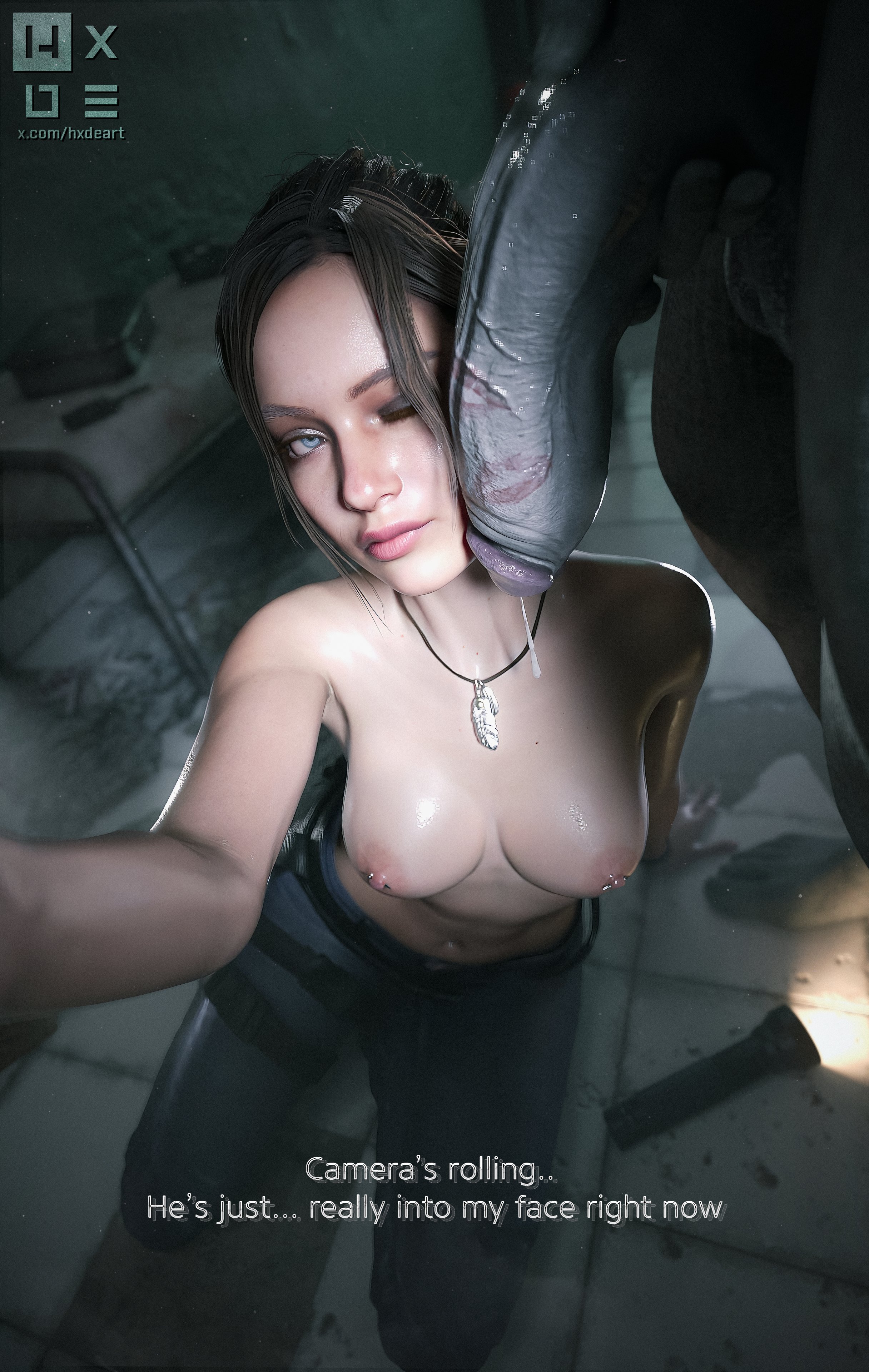 1boy, 1girls, 3d, 3d (artwork), 3d render, abs, balls, big breasts, big penis, biohazard, blue eyes, breasts, brown hair, capcom, claire redfield, claire redfield (jordan mcewen), clothed female nude male, cum leaking, english dialogue, english text, female, flashing breasts, flashlight, grey body, grey skin, hi res, high resolution, highres, huge balls, huge cock, hxde, male, monster, monster on female, mr x, muscular male, nipples, one eye closed, pants, penis, resident evil, resident evil 2, resident evil 2 remake, tagme, text, thick thighs, topless female, tyrant, veiny penis, wink