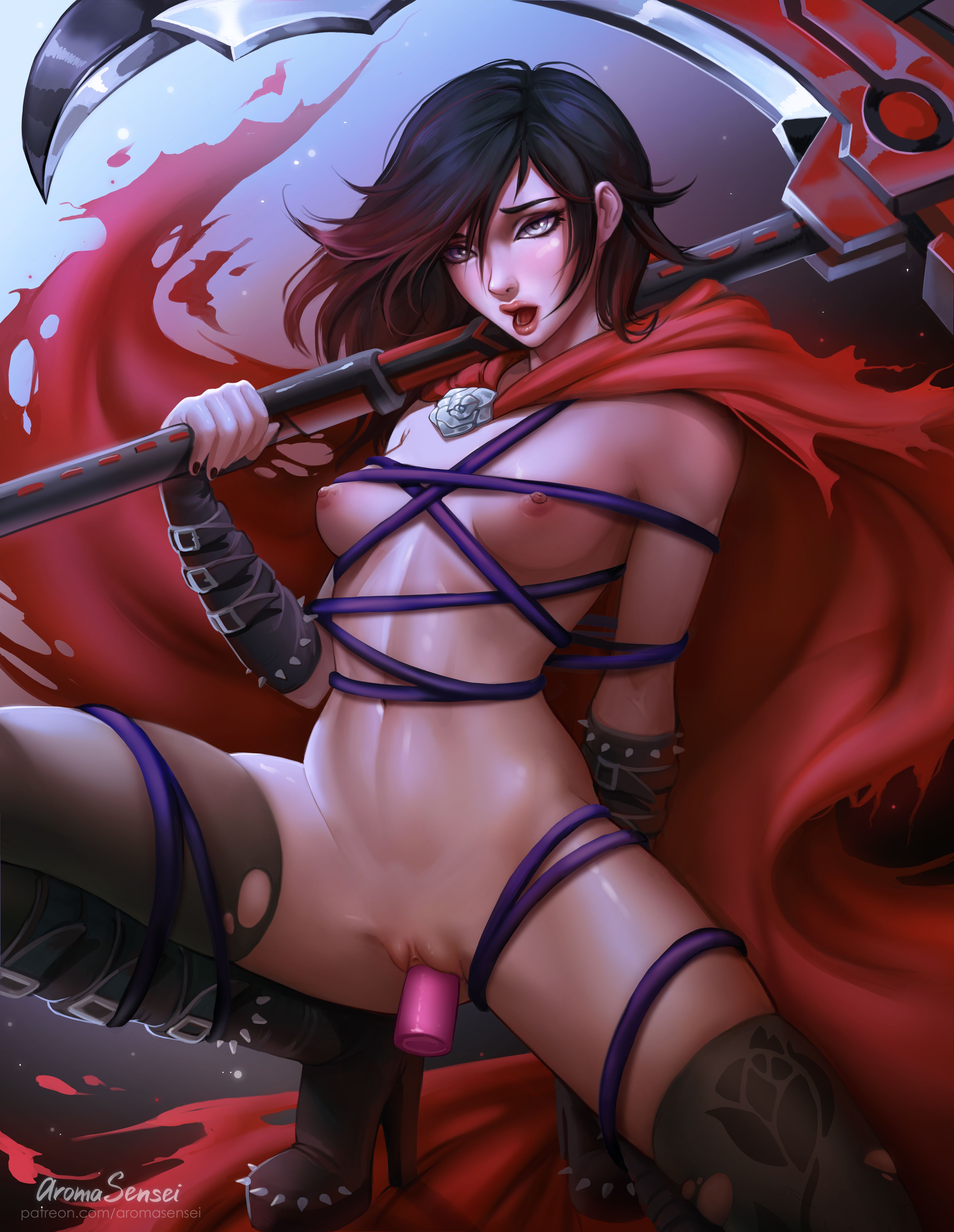 absurdres, areolae, aroma sensei, bondage, breasts, crescent rose, dildo, female, female only, highres, naked stockings, nipples, nude, penetration, pussy, restrained, ruby rose, rwby, sex, solo, stockings, thighhighs, torn legwear, vaginal penetration