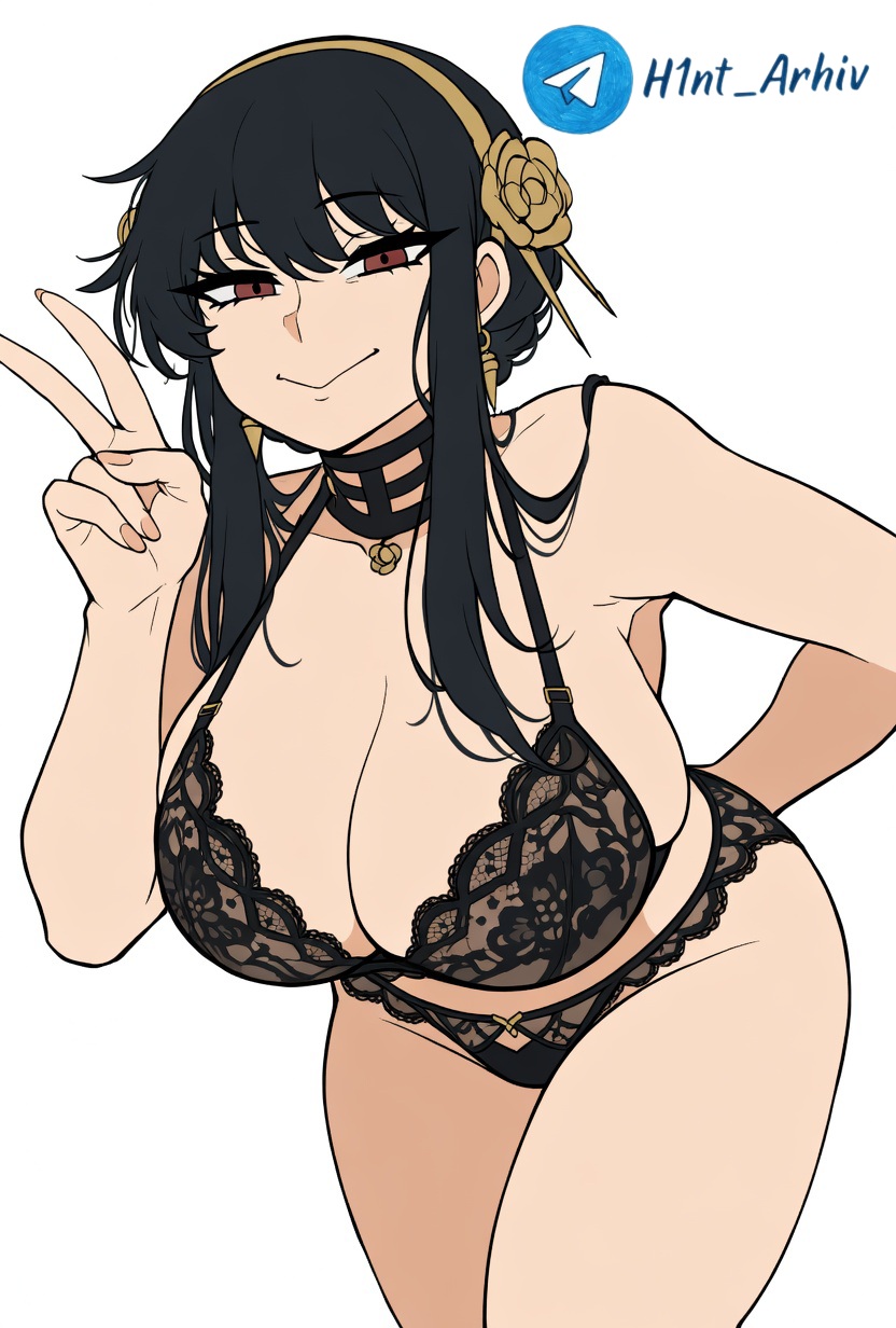 1girl, adult, ai generated, bangs, big boobs, bikini straps, black bra, black choker, black hair, black lace lingerie, black panties, blonde rose, blush, cleavage, curvy, dildovsky, dildovsky , flower ornament, garter straps, gold earrings, gold headband, gold pendant, h1nt arhiv, h1ntarhiv, hair between eyes, hair flower, hand gesture, hand on hip, huge breasts, lace trim, large ass, large breasts, leaning forward, long hair, long sidelocks, looking at viewer, narrow eyes, one eye closed, pale skin, peace sign, red eyes, rose in hair, seductive pose, see-through, sheer lingerie, simple background, smiling, smug smile, solo, spike earrings, spiked choker, spy x family, standing, straight hair, thick thighs, thorn princess, toned body, underboob, upper body focus, v sign, white background, wide hips, winking, yor briar, yor forger (spy x family)