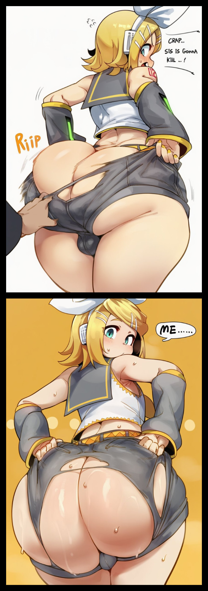 2boys, 2d, 2koma, ai generated, ass, ass focus, balls, big ass, big butt, big thighs, blonde hair, blue eyes, blush, bow, bubble butt, bulge, bulge through clothing, bulge under clothes, cock, comic, cosplay, crossdressing, detached sleeves, english, english text, from behind, hair ornament, hairbow, hairclip, headphones, headset, huge ass, huge butt, kagamine len, kagamine rin (cosplay), large ass, large butt, large thighs, looking at viewer, looking back, looking back at viewer, male, male only, multiple boys, open mouth, penis, pulling clothing, sailor collar, short hair, short shorts, shorts, sloppingslurpie, solo focus, sweat, sweatdrop, testicles, text, thick ass, thick butt, thick thighs, thighs, torn clothes, vocaloid, wardrobe malfunction, wide hips