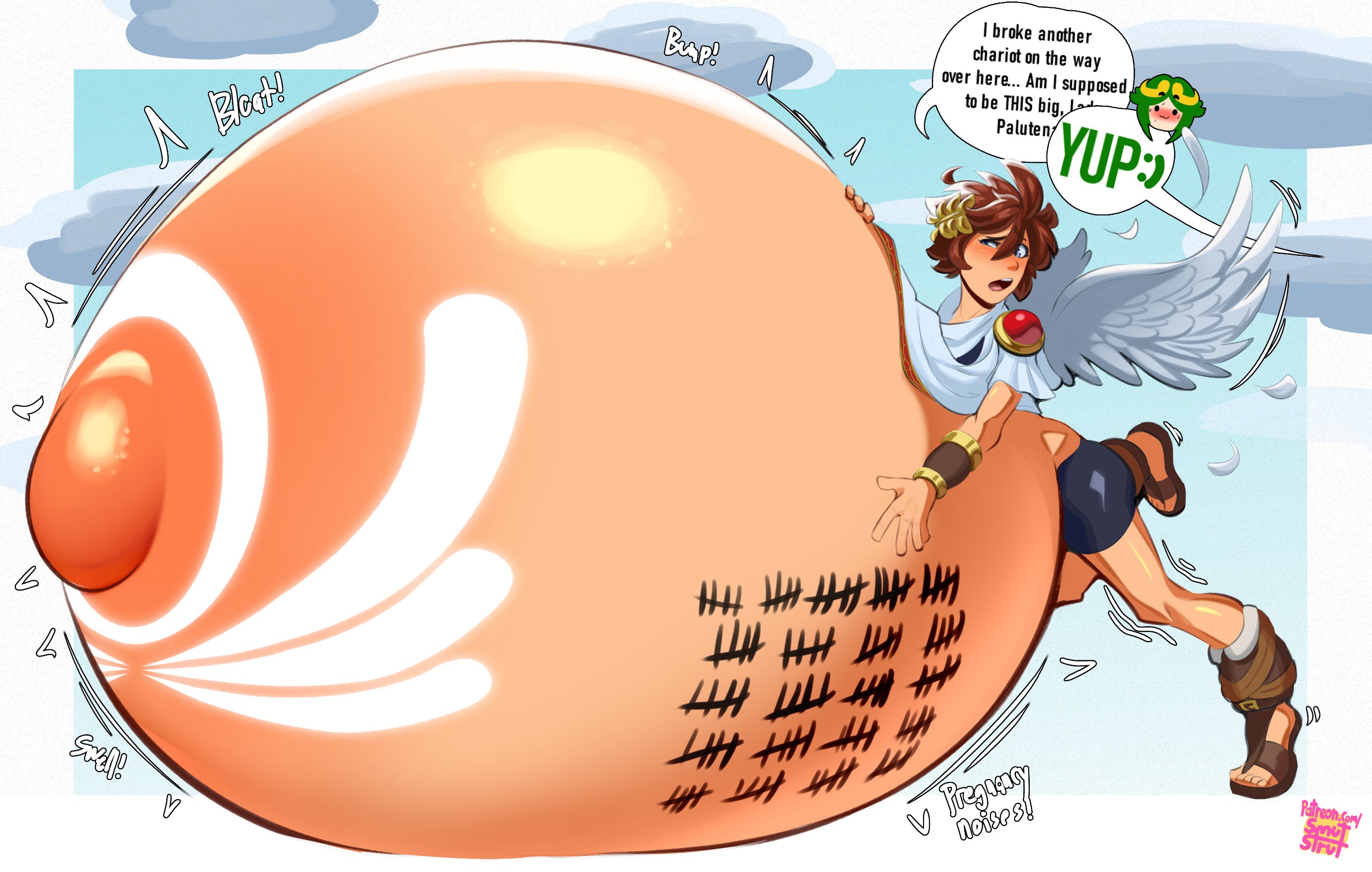 angel, blush, green hair, hair ornament, hyper pregnancy, inconvenient belly, intersex, kid icarus, male, male pregnancy, nintendo, palutena, pit (kid icarus), popped navel, pregnant, pregnant male, sandals, smutstrut, tally marks, tattoo, wings