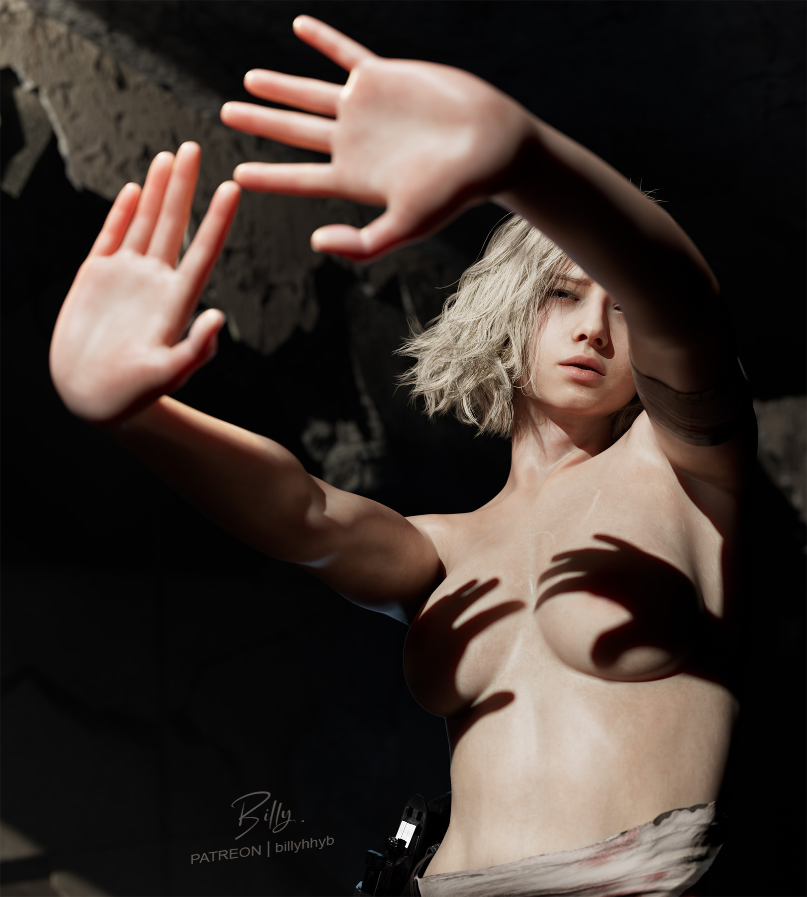 1girl, 3d, billyhhyb, blender (medium), breasts, convenient censoring, convenient censorship, female, female only, grace ashcroft, grace ashcroft (julia pratt), hand shadow covering breasts (meme), hands casting shadow, highres, medium breasts, meme, outstretched arms, parted lips, photo-referenced, resident evil, resident evil 9: requiem, shadow, shadow censor, short hair, solo, topless female, upper body