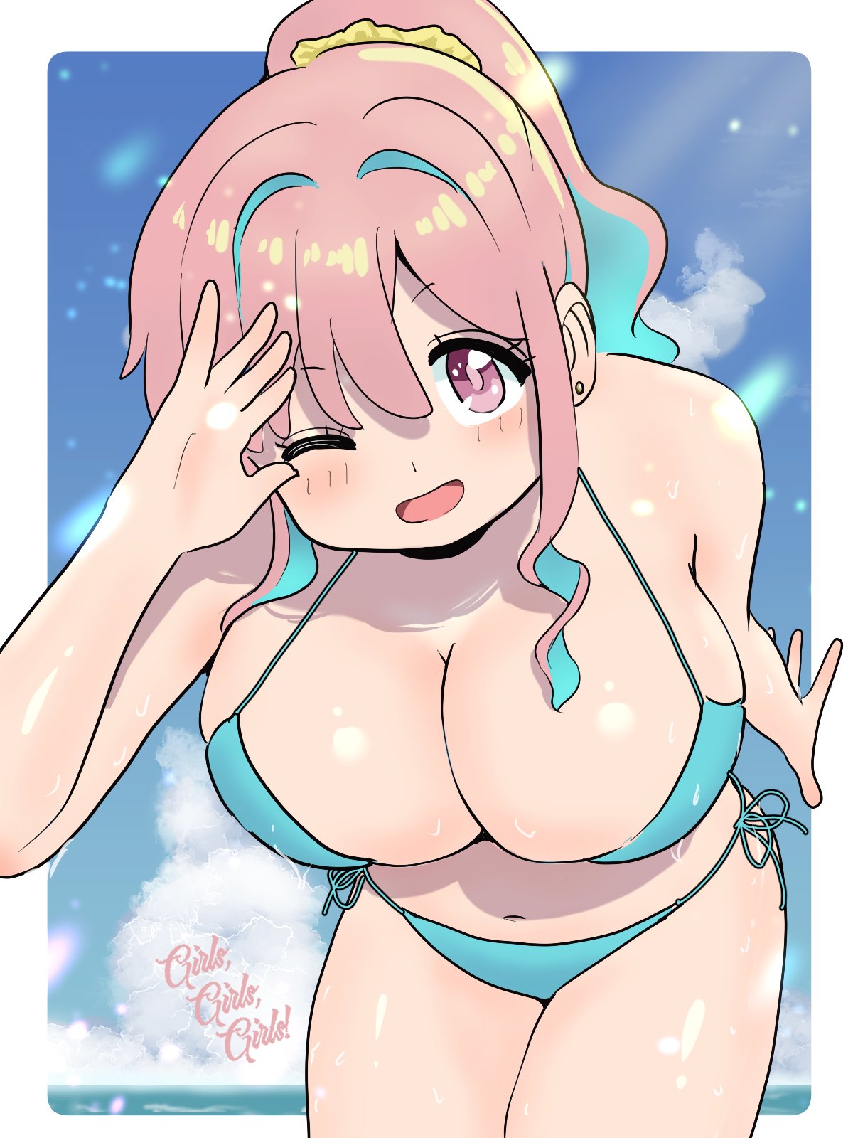 bent over, bikini, curvy, hozuki kaede, huge breasts, looking at viewer, one eye closed, onii-chan wa oshimai!, open mouth, plump, smile, thick thighs, wide hips