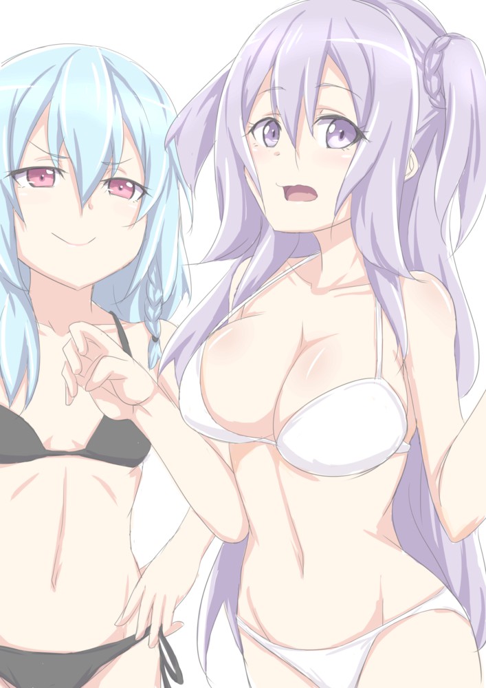 2girls bikini blue_fur blush female flat_chest gakusen_toshi_asterisk huge_breasts long_hair looking_at_viewer navel nobcoffee purple_eyes purple_hair red_eyes sasamiya_saya smile standing swimsuit toudou_kirin