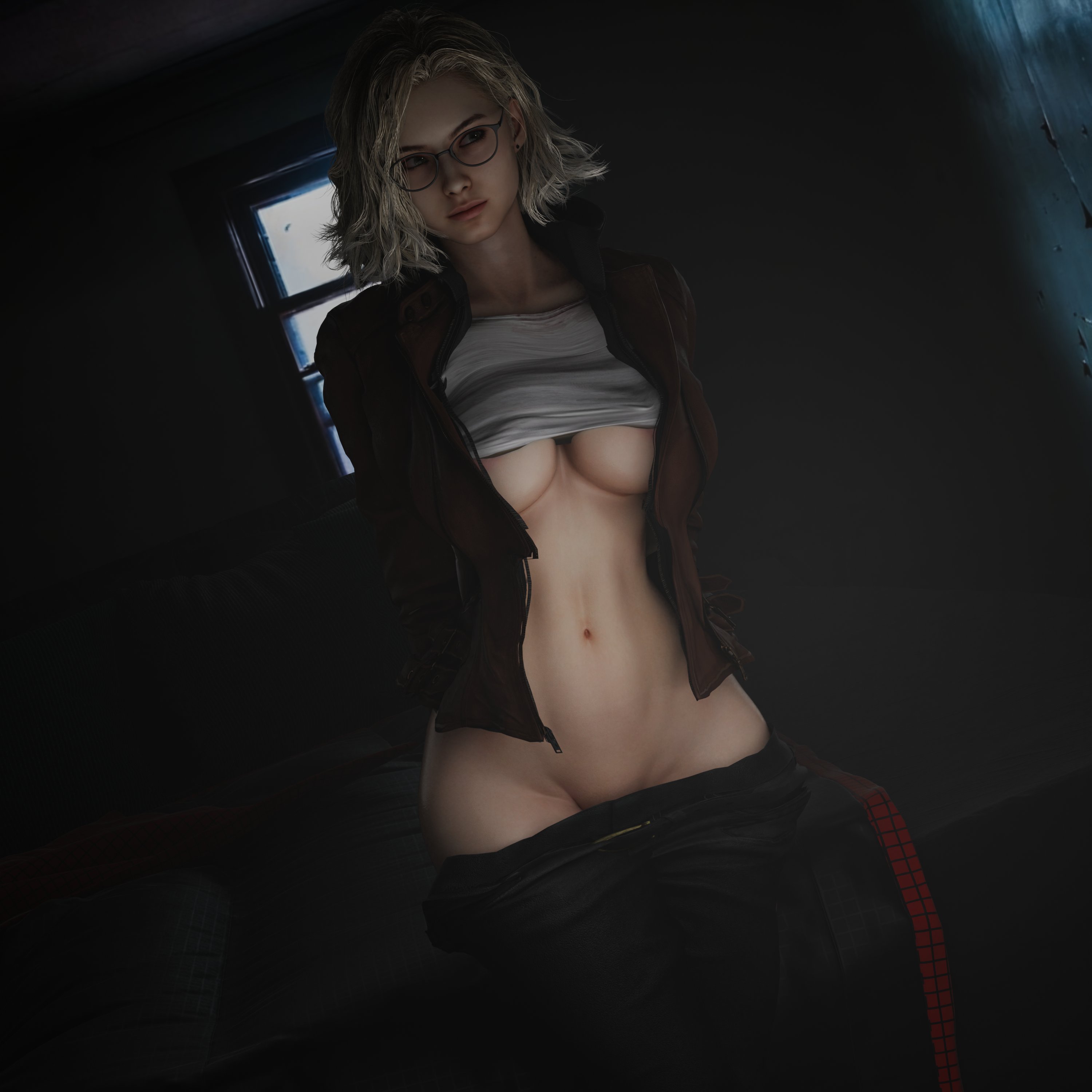 3d, 3d (artwork), big breasts, biohazard, black pants, blonde female, breasts, breasts out, bubblebubbleb, capcom, glasses, grace ashcroft, grace ashcroft (julia pratt), hip bones, leather jacket, navel, pants down, presenting, resident evil, resident evil 9: requiem, shirt lift, short hair, tagme, thick hips, thick thighs, thin waist, wavy hair