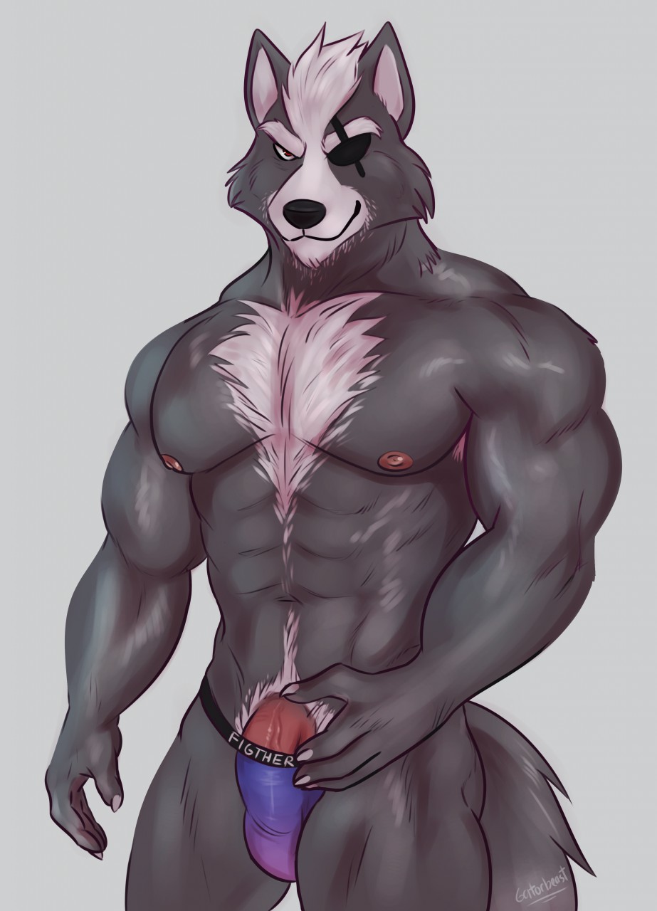 abs anthro areola barazoku biceps bulge canine clothed clothing eye_patch eyewear fur gatorbeast jockstrap male male_only mammal manly mostly_nude muscular navel nintendo nipples pecs penis red_eyes smile standing star_fox thick_thighs triceps underwear vein veiny_penis video_games wolf wolf_o'donnell