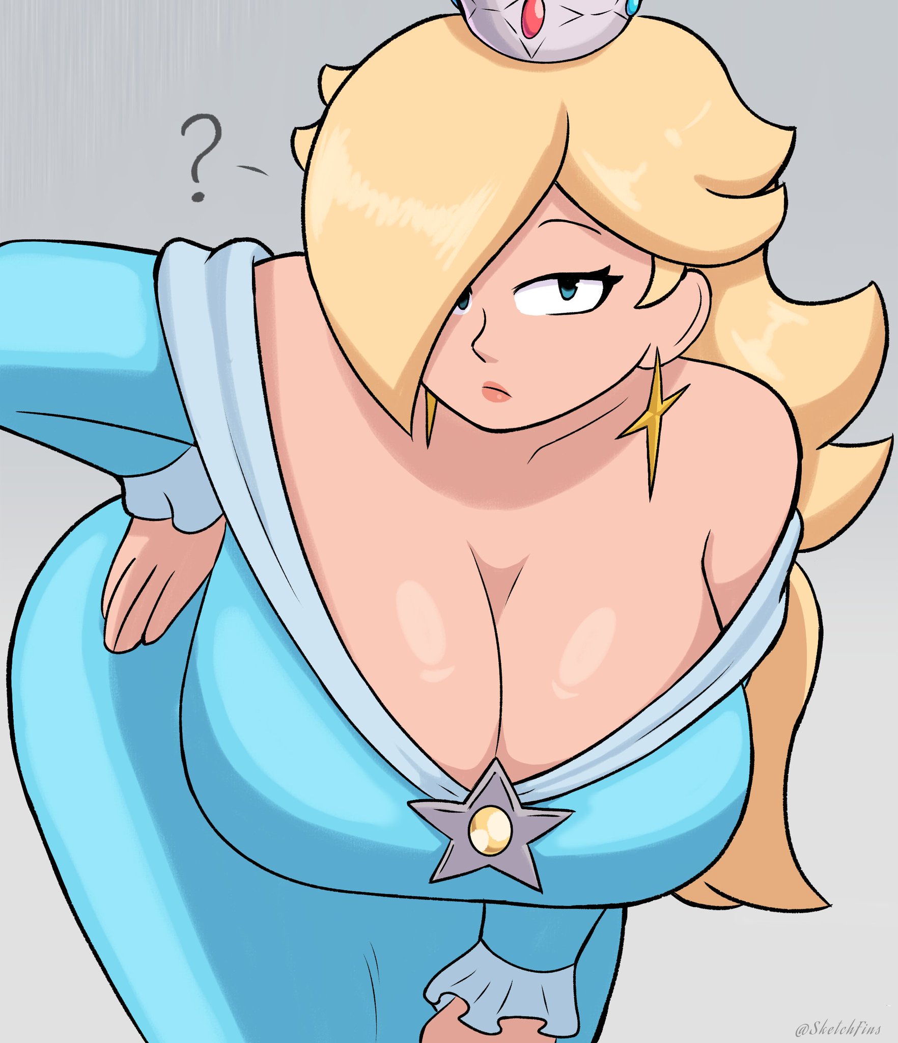 ?, 1girls, bare shoulder, bare shoulders, big breasts, blonde hair, blue eyes, breasts, breasts focus, busty, chubby, chubby female, cleavage, crown, curvy, curvy female, curvy figure, dress, earings, earrings, female, female focus, female only, grey background, hand on hip, huge breasts, large breasts, light skin, light-skinned female, long hair, looking at viewer, mario (series), mature, mature female, milf, no bra, pov eye contact, princess, princess rosalina, sexy, simple background, sketchfins, solo, solo female, solo focus, star, star (symbol), tagme, voluptuous, voluptuous female