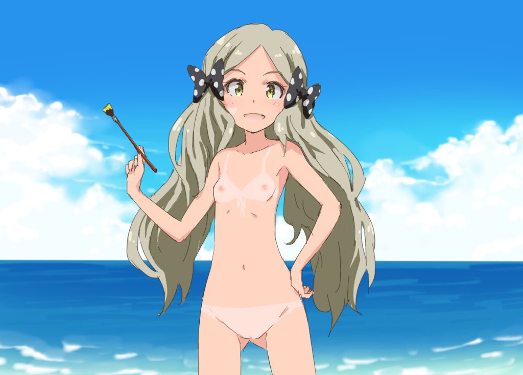 a_sterisk bikini_tan brush female flat_chested grey_hair hair_ribbon handa_roko idolmaster idolmaster_million_live! nude ribbon tan tanline twintails yellow_eyes