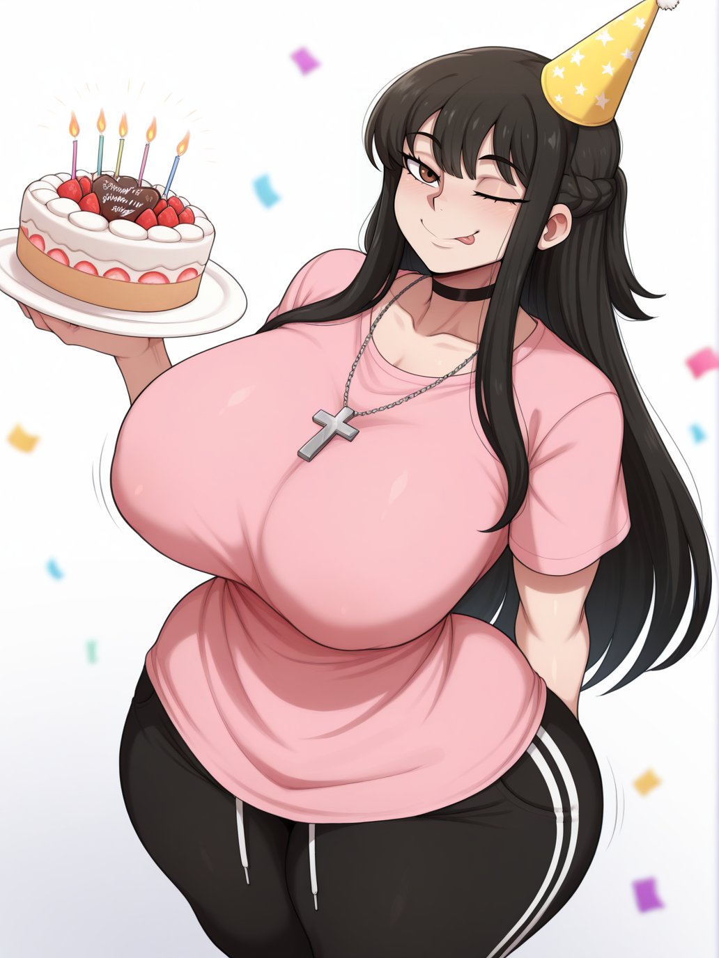 1girls, 2026, ai generated, arm behind back, big ass, big breasts, black hair, brown eyes, bubble butt, cake, child bearing hips, collar, dat ass, dumptruck ass, el memc, fat ass, female, female only, happy birthday, huge ass, huge breasts, hyper breasts, mem (memch0), memch0, necklace, oc, original, original character, thick thighs, thunder thighs, tight clothing, tongue, tongue out, wink, winking at viewer