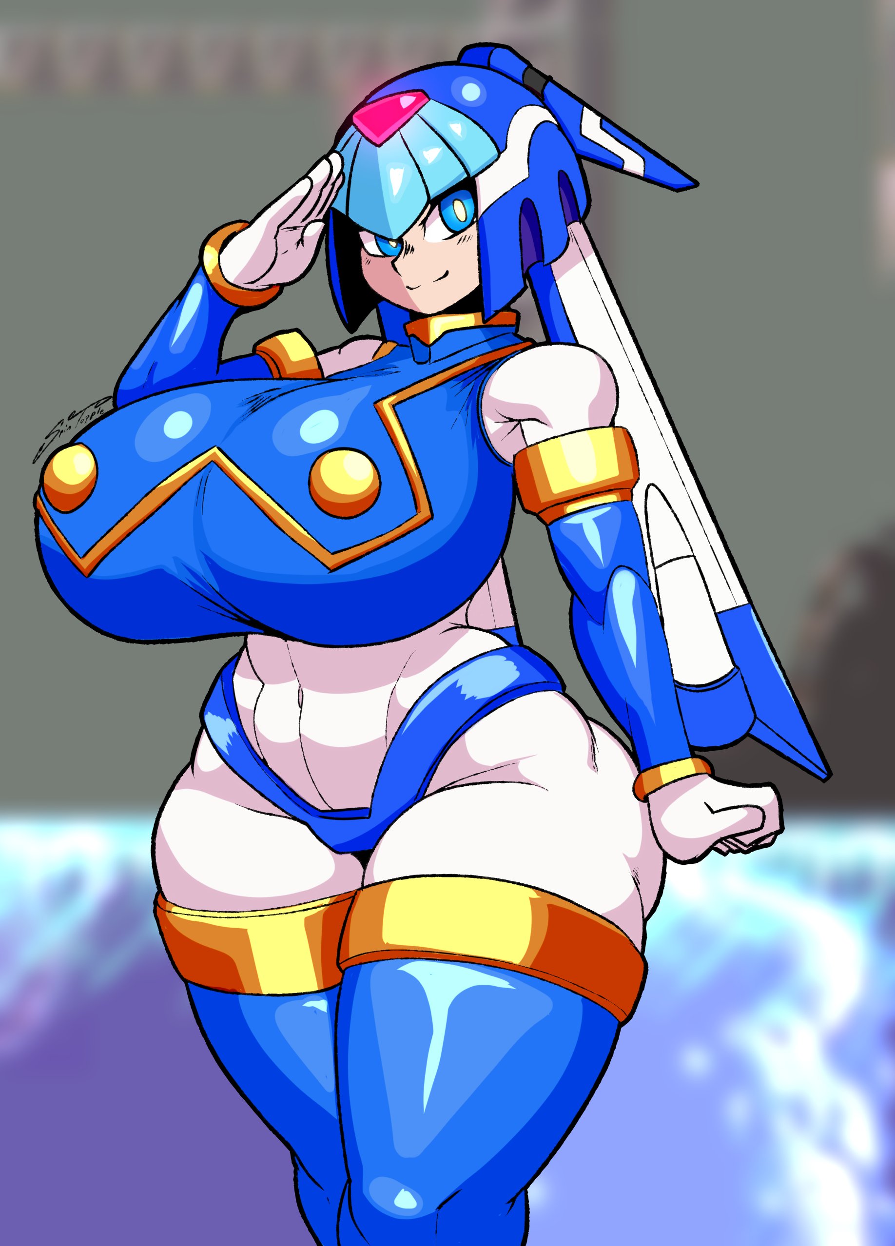 1girls, android, blue eyes, breasts, curvy, fairy leviathan, female, female only, huge breasts, long hair, looking at viewer, mega man, mega man zero, robot, robot girl, smile, solo, spintopple, thick thighs, thighhighs, thighs, wide hips