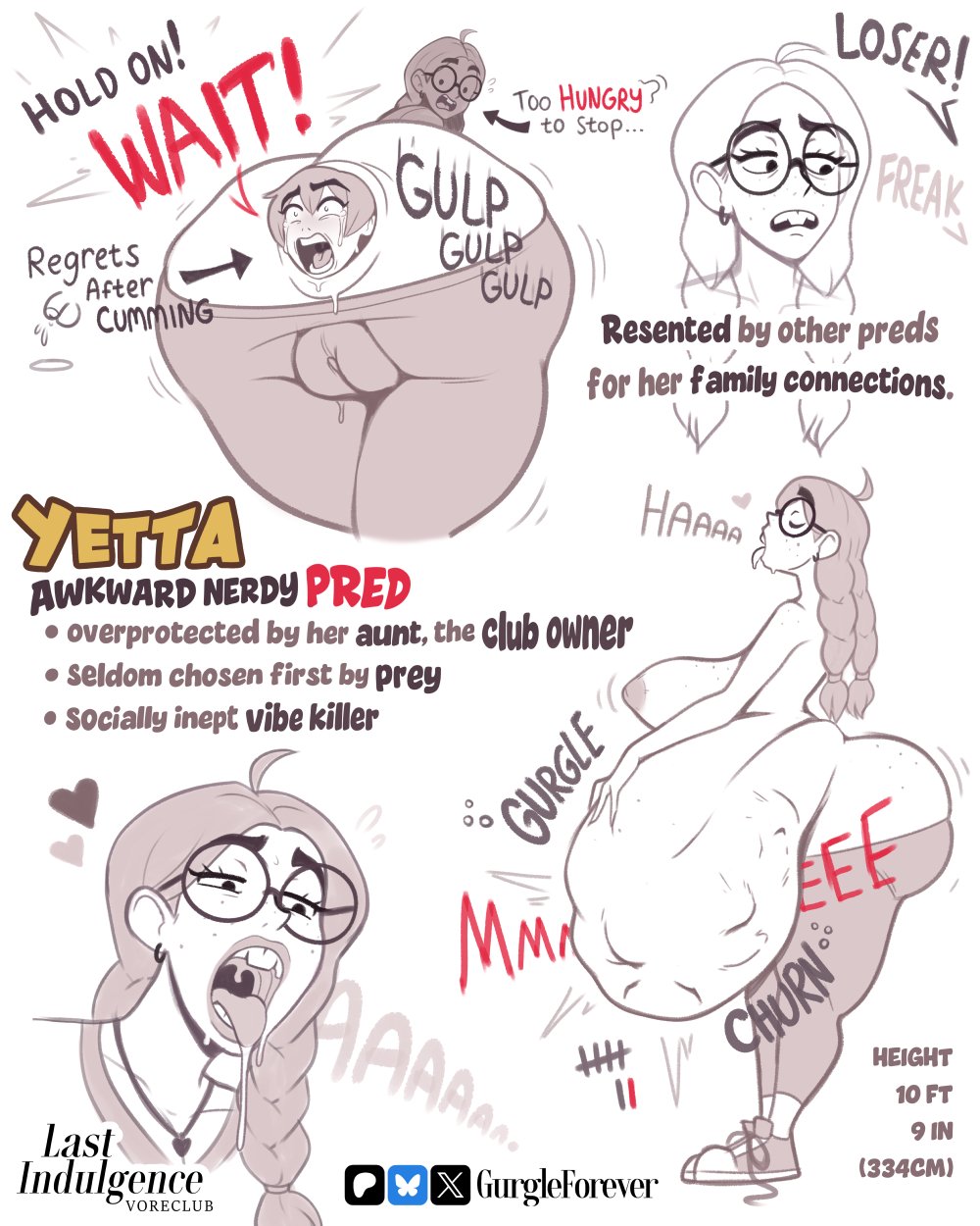 1boy, 1girls, ahoge, anal, bbw, big ass, big breasts, braid, braided hair, buckteeth, bullying, cameltoe, character profile, chubby, chubby female, churning, collage, crying, digestion, digestion noises, doodle, drooling, female, female pred, freckles, glasses, gurgleforever, heart, heart symbol, hungry, implied sex, larger female, mawshot, mini giantess, mostly clothed, name calling, nerd, oc, pear-shaped figure, predator/prey, regret, screaming for help, tall female, taller female, tally marks, text, topless, unwilling prey, video games, vore, vore belly, wobbling ass, yetta (gurgleforever), yoga pants