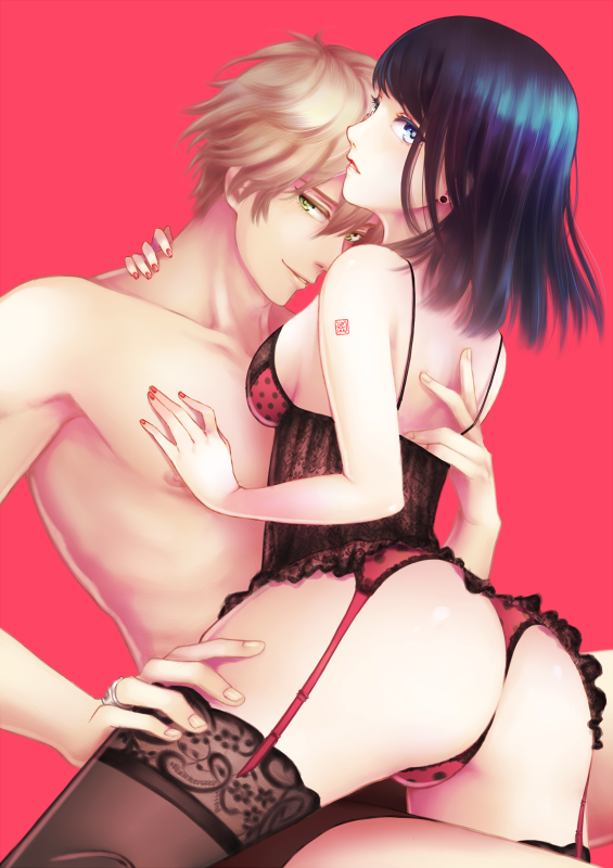 1boy 1girls adrien_agreste adrienette aged_up black_hair blonde_hair blue_eyes blush couple e-mika female green_eyes lingerie male marinette_cheng marinette_dupain-cheng miraculous_ladybug straight tagme