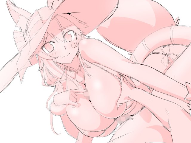 animal_ears big_breasts bikini breasts chikuishi cleavage clothed_paizuri ears_through_headwear fate/grand_order fate_(series) fox_ears fox_girl fox_tail hat huge_breasts incomplete kitsune kitsunemimi large_breasts monochrome paizuri shell_necklace straw_hat sun_hat swimsuit tail tamamo_no_mae_(fate) tamamo_no_mae_(swimsuit_lancer)