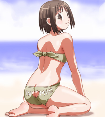 1girls ass ass_cleavage ayase_fuuka back barefoot bikini brown_eyes brown_hair butt_crack feet female female_only from_behind fuuka_ayase haruyama human kneeling looking_back lowres posterior_cleavage short_hair soles solo swimsuit toes yotsuba&!