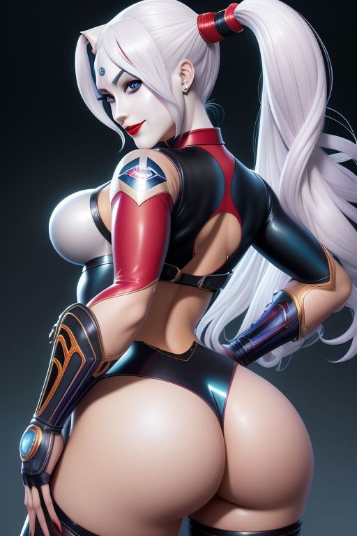 ai_generated ass ass_focus big_ass dc dc_comics harleen_quinzel harley_quinn light-skinned_female lipstick pale_skin perchance_ai ponytail red_lipstick revealing_clothes self_upload supervillainess villainess white_hair