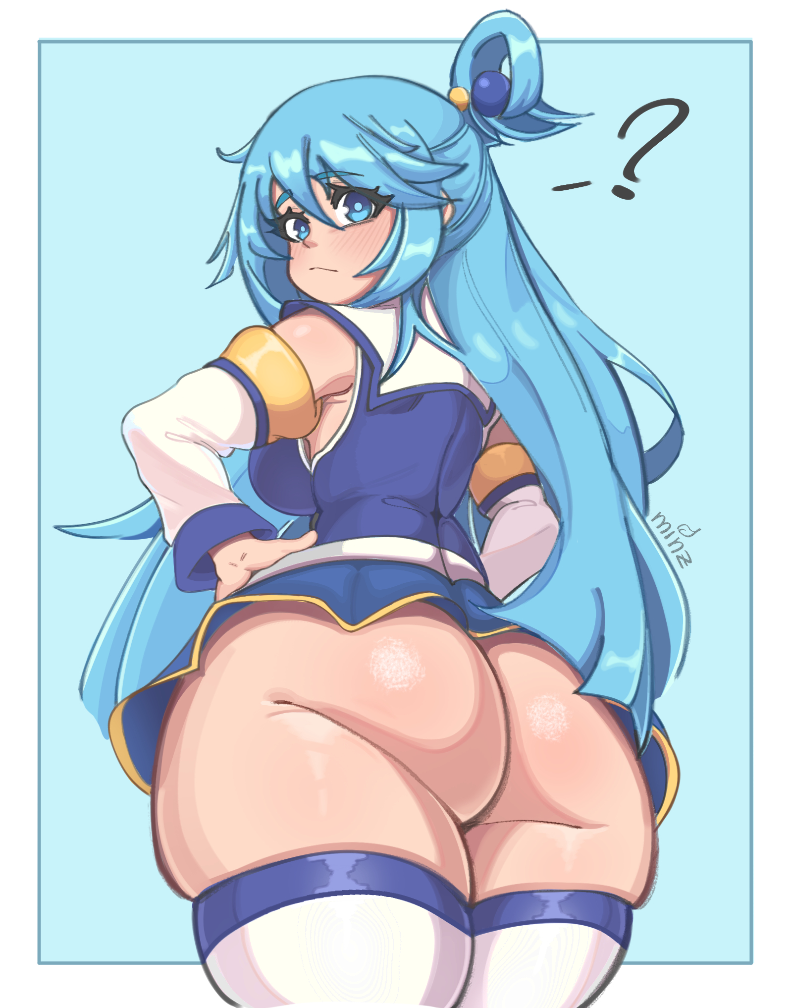 ?, 1girls, aqua (konosuba), aqua eyes, ass, big ass, big breasts, big thighs, blue eyes, blue hair, blush, breasts, clothed, clothed female, clothing, cyan eyes, cyan hair, female, female focus, female only, gigantic ass, huge ass, huge thighs, kono subarashii sekai ni shukufuku wo!, looking at viewer, minzouart, oblivious, tagme, thick hips, thick thighs, thighhighs, thighs
