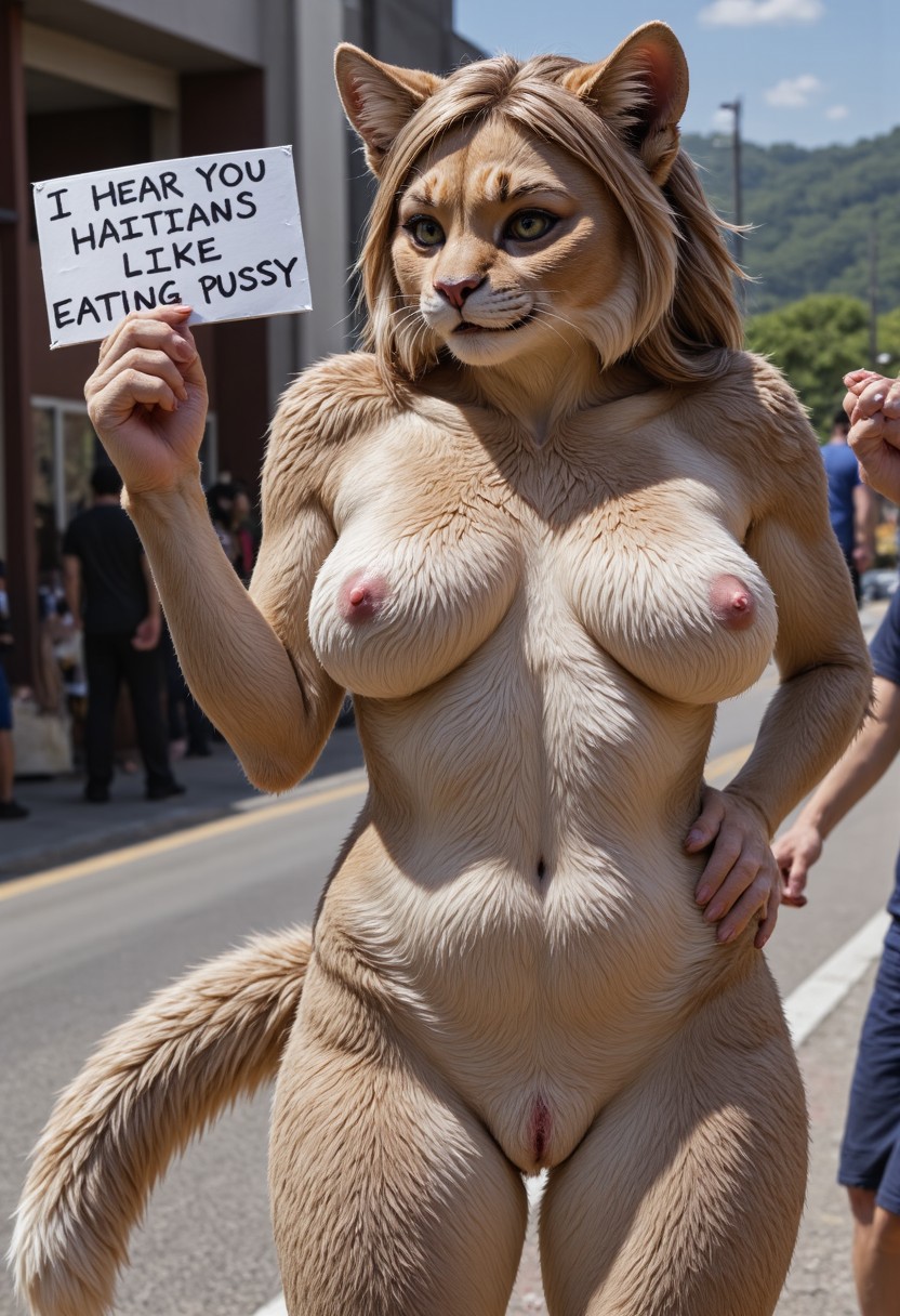 2024 ai_generated anthro breasts carnivalecloudmuncher domestic_cat english_text felid feline felis female female_only front_view fur furry hi_res holding_object holding_sign humor hyperrealistic innie_pussy looking_at_viewer mammal navel nipples nude ohio outdoors photorealism photorealistic public pussy realism realistic self_upload sign smile solo springfield standing tagme tail text