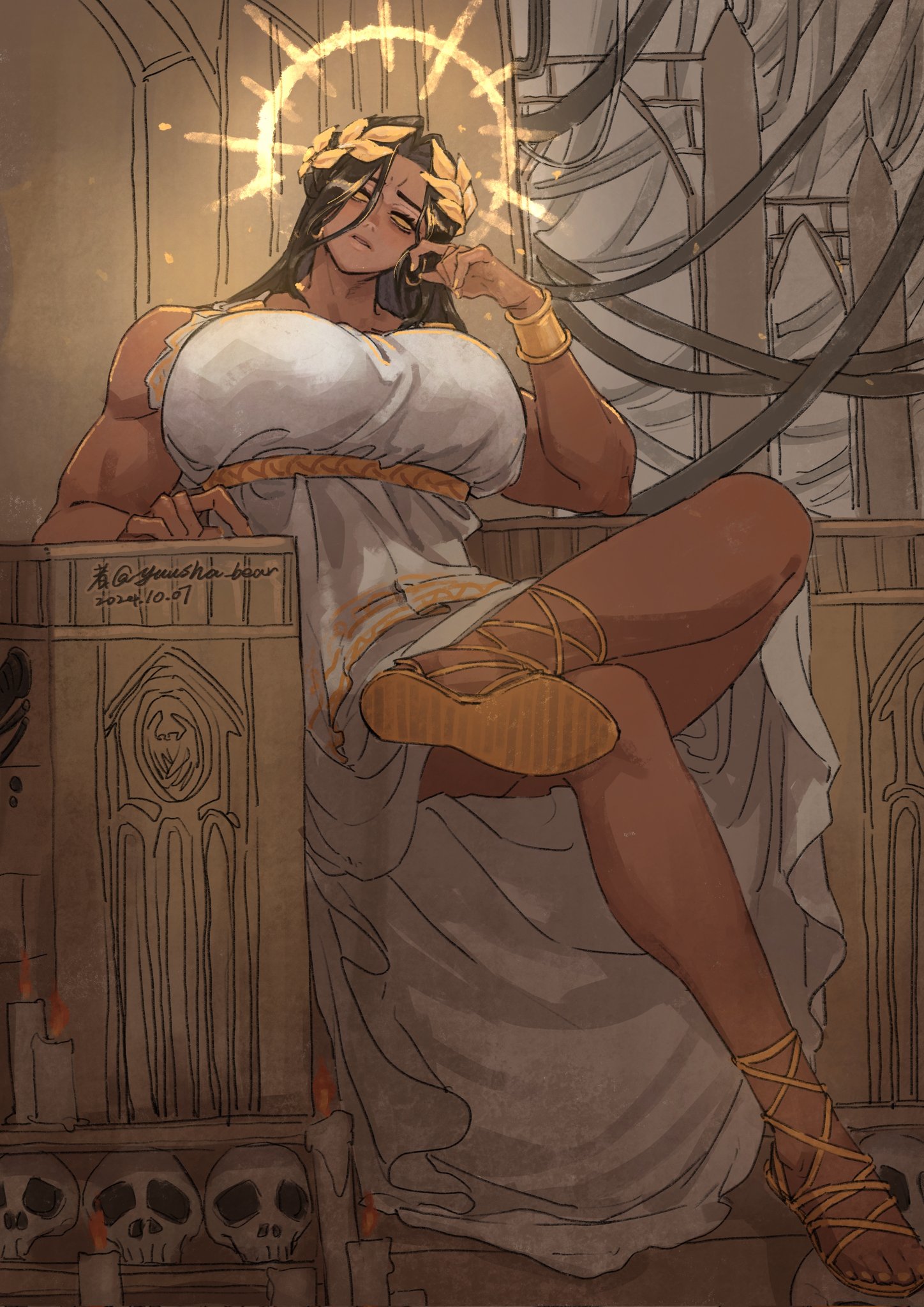 1girls, 2024, ass, big ass, big breasts, black hair, breasts, candle, female, female only, god-emperor of mankind, gown, huge breasts, imperium of man, laurel crown, long hair, post-human, rule 63, sitting on chair, solo, solo female, tanned, tanned female, tanned skin, throne, warhammer (franchise), warhammer 40k, yuusha bear