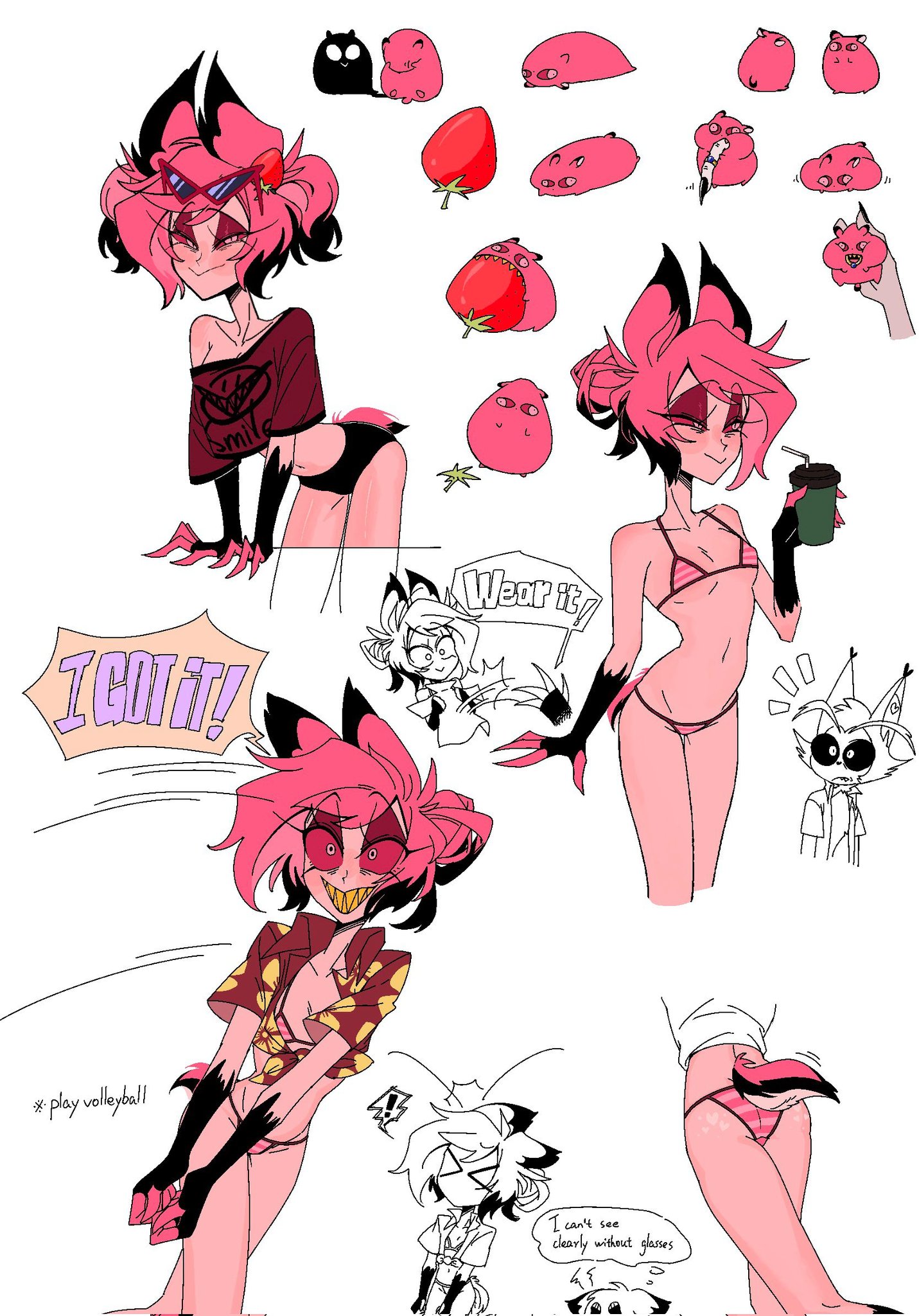 alastor (hazbin hotel), artist request, bikini, breasts, deer, deer ears, deer girl, female, female alastor, hazbin hotel, medium hair, petite, rule 63, small breasts, solo, source request, striped bikini, tagme