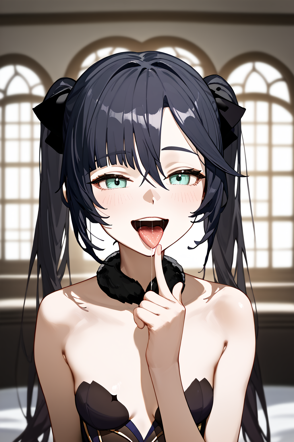 1girls ai_generated asking_for_it bare_shoulders begging begging_for_cum black_hair cleavage clothed eager female female female_only fingers front_view genshin_impact green_eyes happy hi_res highres imminent_oral looking_at_viewer mona_(genshin_impact) open_mouth pale-skinned_female pale_skin pointing saliva saliva_drip saliva_on_tongue saliva_string saliva_trail slim small_breasts smile smiling tongue tongue_out twintails