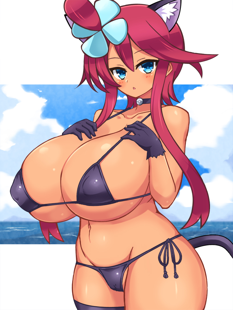 1girls alternate_breast_size ass bare_shoulders belly big_ass big_breasts bikini blue_background blue_eyes blush breasts cameltoe cat_ears chro cleavage clothed clouds collar eyelashes female female_only gloves hair_ornament huge_breasts human large_breasts long_hair looking_at_viewer midriff navel nintendo ocean open_mouth outdoors pokemon pokemon_bw pussy red_hair side-tie_bikini sideboob sky skyla_(pokemon) solo standing tail thick_thighs thighhighs tongue underboob white_border wide_hips