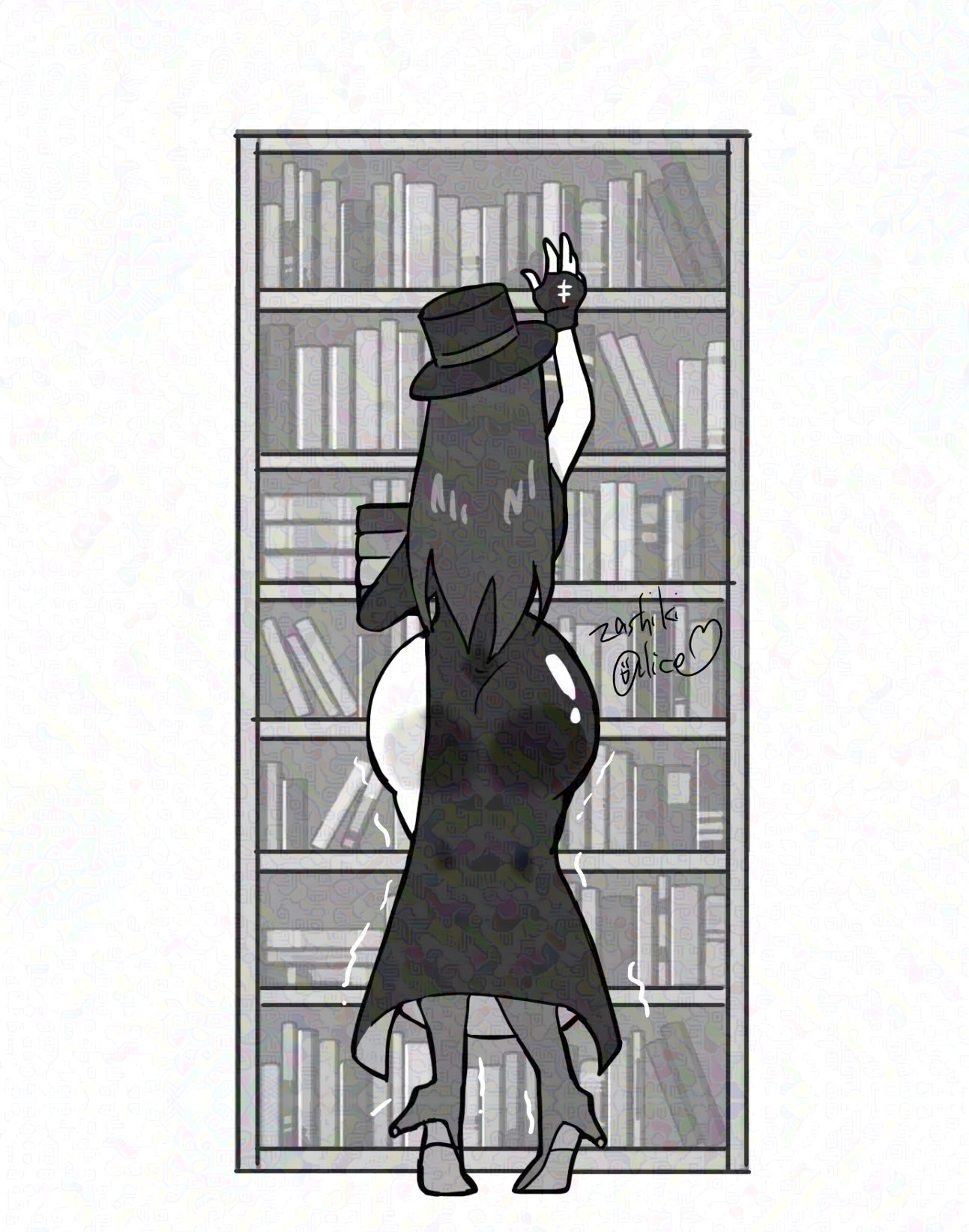 back_view behind_view big_ass book books bookshelf boots dress fingerless_gloves guilty_gear guilty_gear_strive hat heel_boots huge_ass long_hair rear_view shaky_legs slit_dress solo testament_(guilty_gear) zashikialice