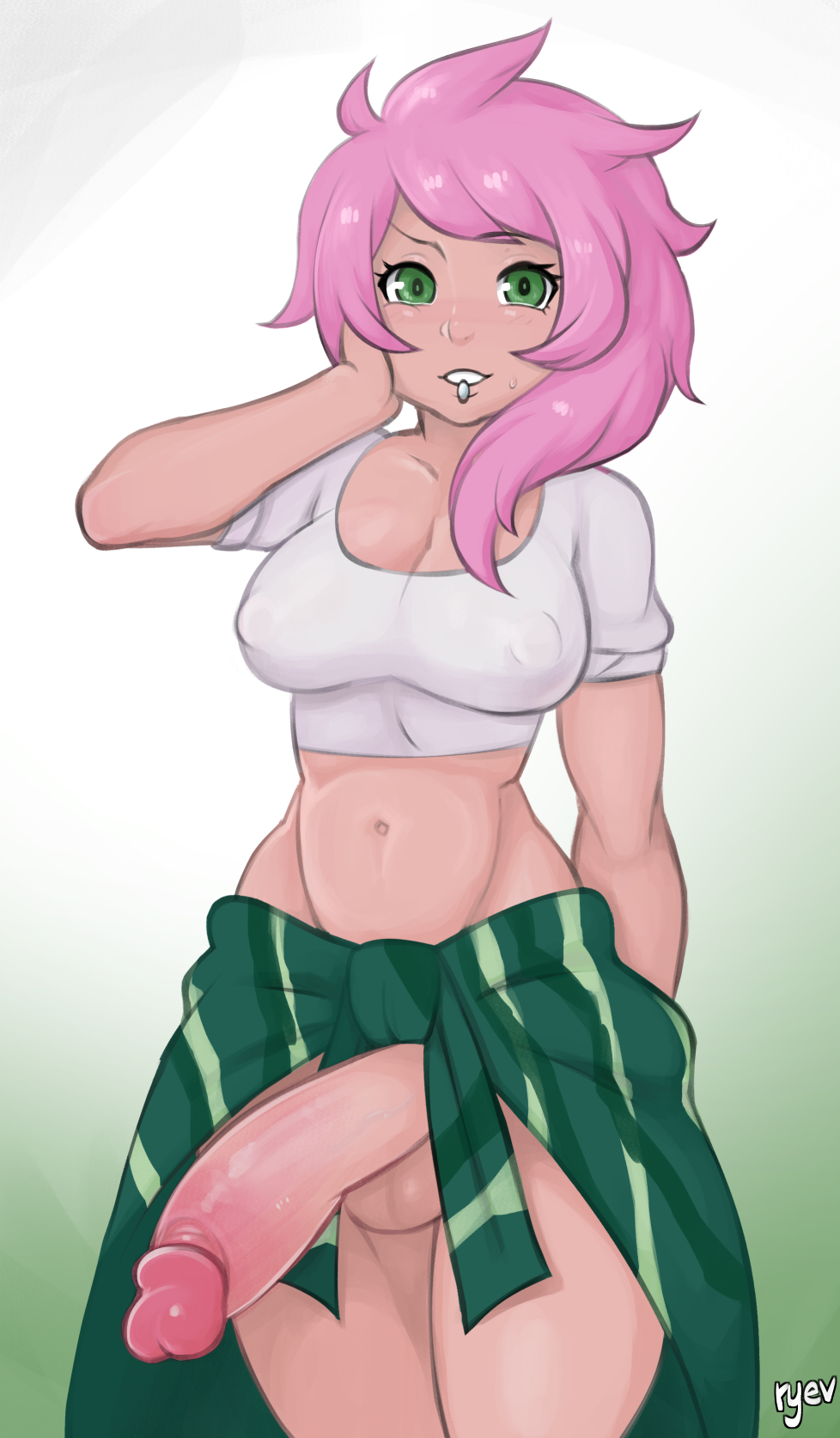 1futa balls breasts cartoon_network clothing covered_breasts dark_ryev dickgirl erection futa_only futanari green_eyes hand_on_head huge_cock intersex lip_piercing long_hair looking_at_viewer medium_breasts mystery_girl_(steven_universe) penis pink_hair posing ryev simple_background solo solo_futa standing steven_universe testicles