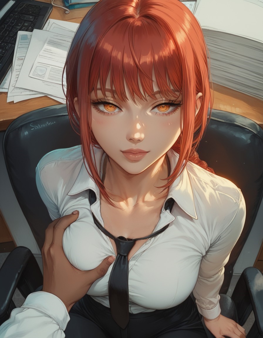 1boy, ai generated, breast grab, breasts, chainsaw man, dark skin, dark-skinned male, dominant male, female, interracial, l-major, makima (chainsaw man), male, office, office clothing, office lady, open shirt, red hair, ringed eyes, yellow eyes