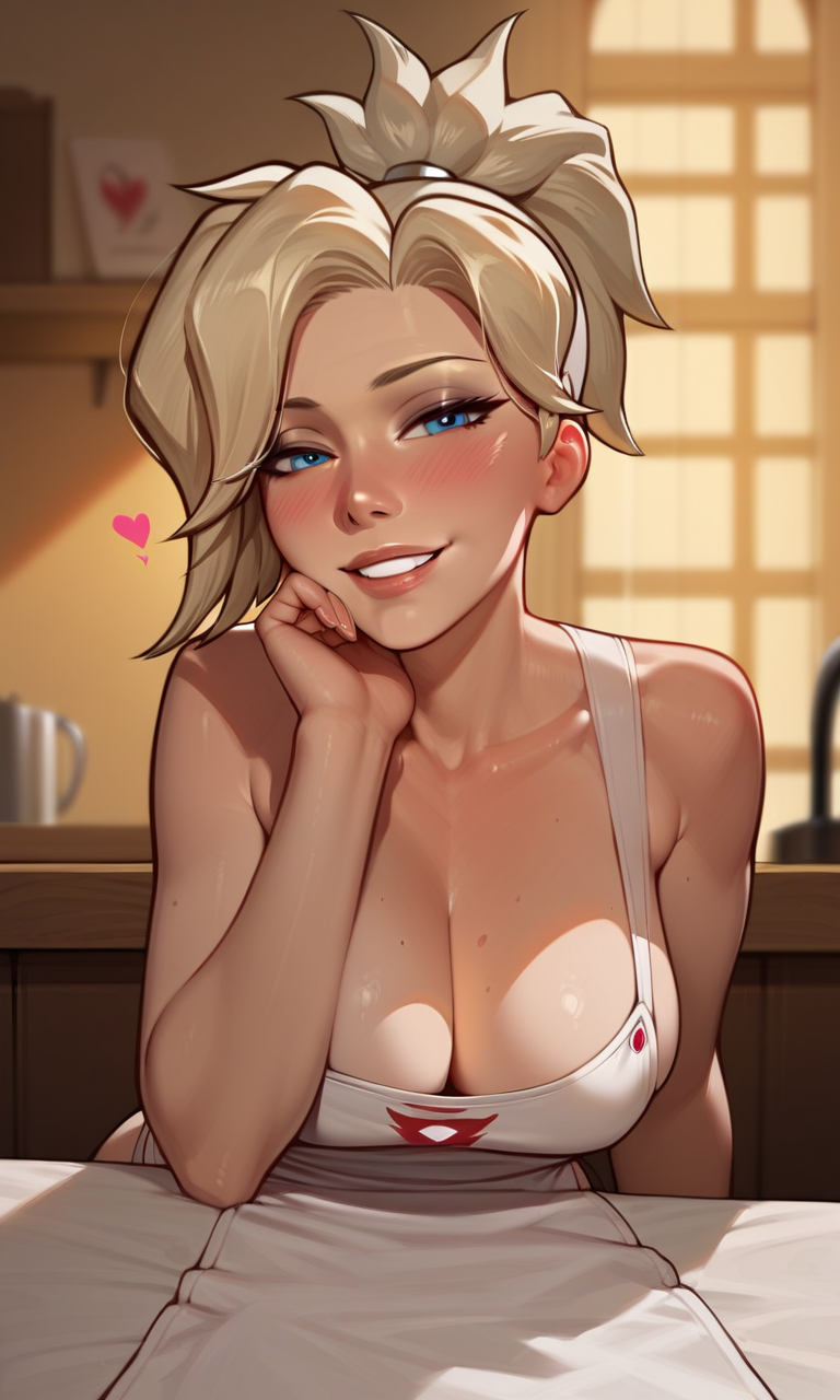 11_22 ai_generated angela_ziegler blizzard_entertainment blonde_hair blue_eyes blush breasts cleavage female female_focus female_only grin hand_on_chin heart large_breasts leaning_forward looking_at_viewer mercy naked_apron overwatch ponytail pov seductive_smile sitting table white_apron