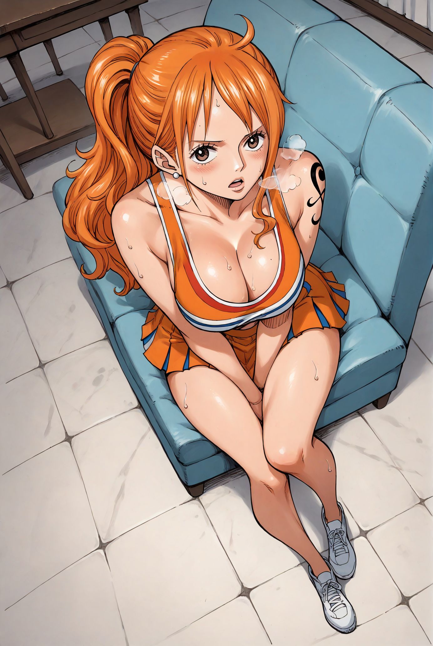 ai_generated alluring almost_naked almost_nude big_breasts blush breasts brown_eyes cheerleader cheerleader_costume cheerleader_outfit cheerleader_uniform earring earrings female female_only looking_at_viewer nami nami_(one_piece) one_piece open_mouth orange_hair ponytail seducing seduction seductive seductive_body seductive_eyes seductive_gaze seductive_look seductive_mouth seductive_pose shiny_hair shiny_skin steamy_breath sweat sweatdrop sweating sweaty sweaty_body tattoo tattoo_on_arm tattooed_arm voluptuous voluptuous_female yashin