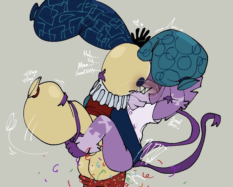 1boy, blush, confetti, cum, cum in pussy, cum inside, cum-fetti, cumshot, cumshot in pussy, dandy's world, female, female penetrated, good boy, good boy (phrase), guess what i eat yatta, hot breath, implied penetration, implied vaginal, looey (dandy's world), male, male penetrating, male/female, mischievous smile, pokerjokerful, pop (sound effect), popped balloon, popped penis, praise, praise kink, purple body, purple skin, roblox, sex, shake lines, show-time looey, stand and carry position, standing sex, wagging tail, wiggle lines, yatta (dandy's world), yellow body, yellow skin
