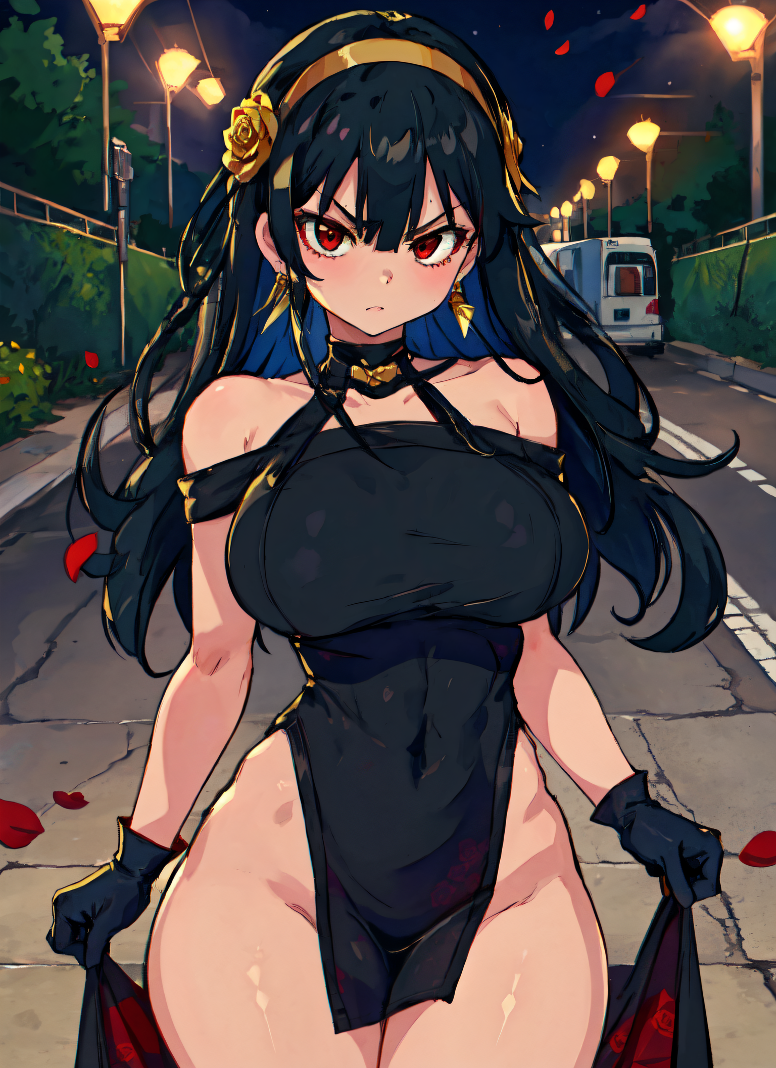 1girls, adorable, ai generated, bare shoulders, belly button, belly button visible through clothing, big breasts, black hair, black leotard, breasts, choker, cute, dress, dress lift, earrings, female, gloves, hairband, hi res, hip dips, kawaii, large breasts, leotard, mabi ai, off shoulder, pelvic curtain, pussy, pussy visible through clothes, red eyes, spy x family, thick thighs, thin waist, thorn princess, wide hips, yor briar, yor forger, young