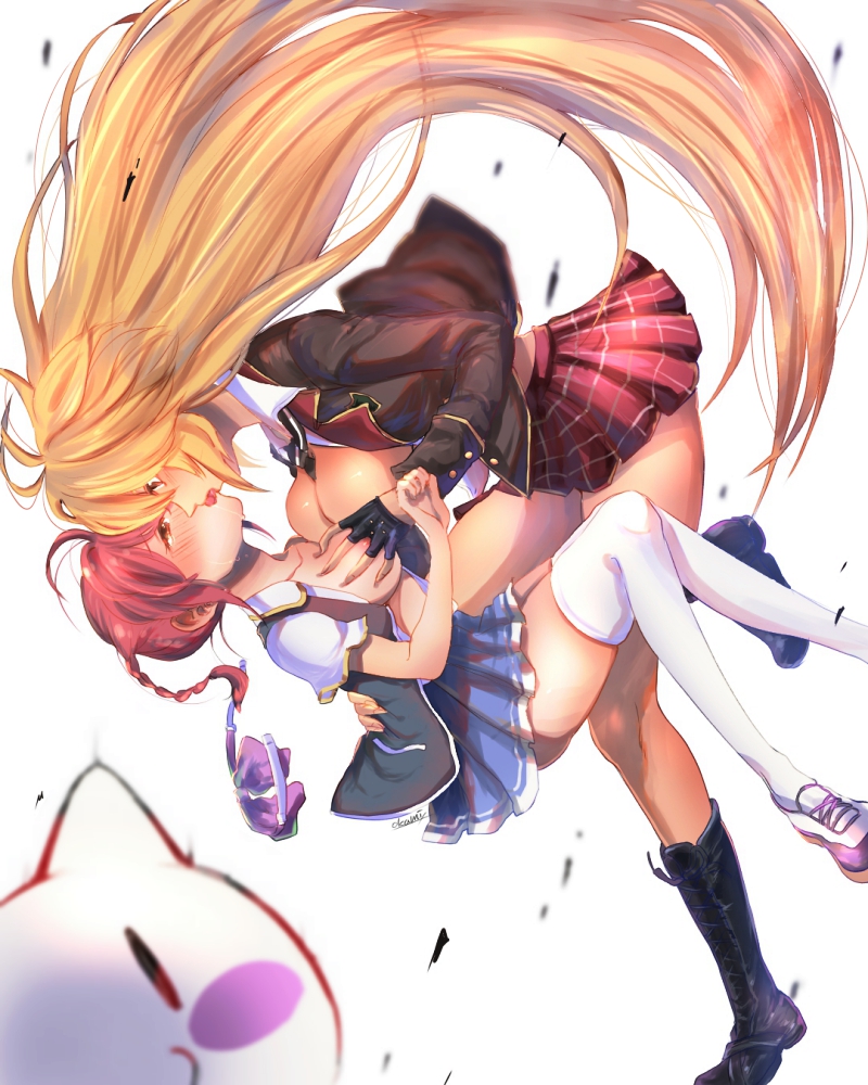 2girls blonde_hair breasts falling female fingerless_gloves hair_ornament hand_holding happy interlocked_fingers kissing large_breasts long_hair medium_breasts multiple_girls pink_hair purple_eyes shikishima_mirei simple_background skirt tokonome_mamori twintails valkyrie_drive valkyrie_drive_-mermaid- very_long_hair white_background yellow_eyes yuri