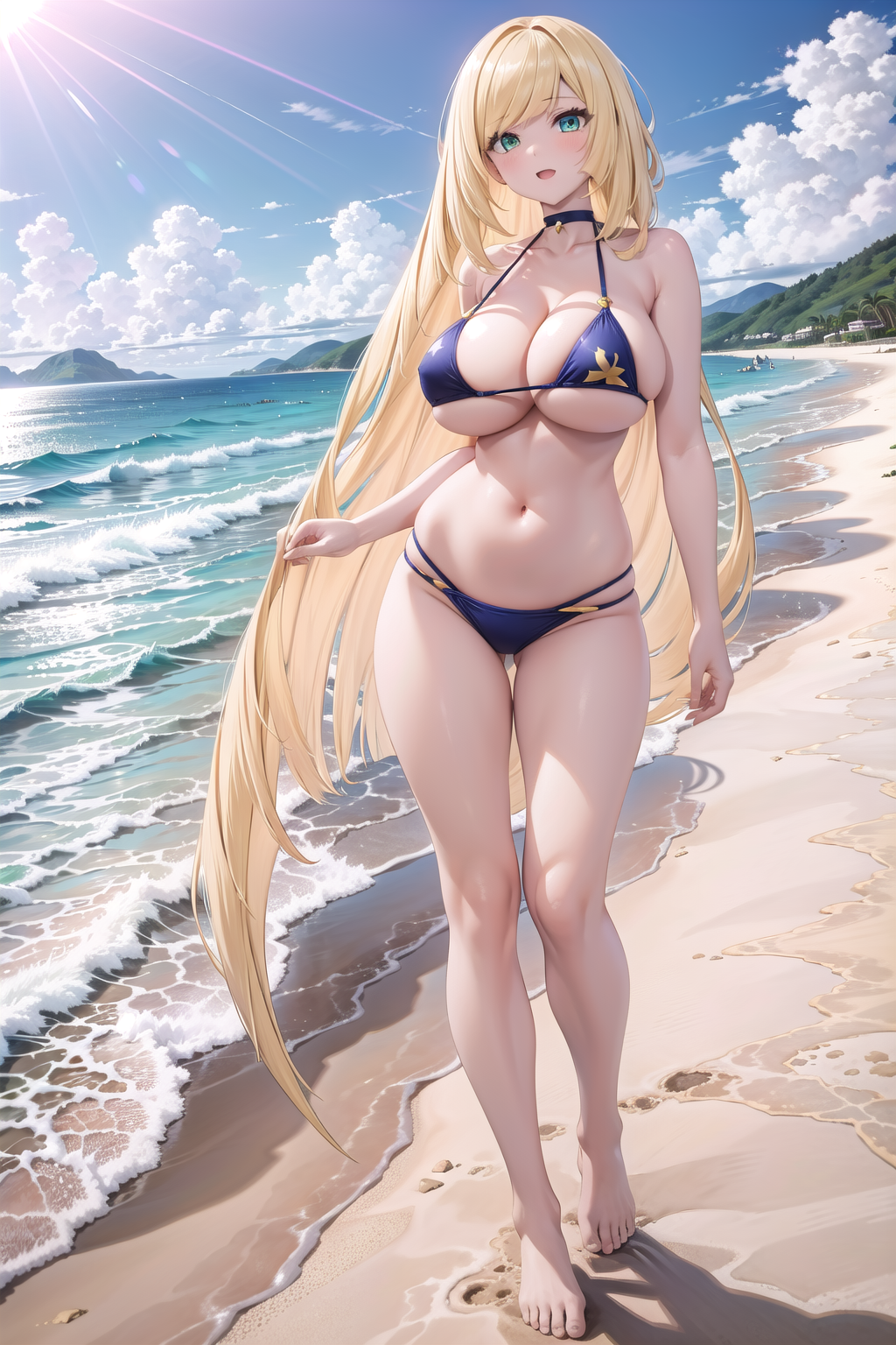 ai_generated beach big_breasts bikini blonde_hair female female_focus lusamine_(pokemon) milf mommy pokemon rcos sling_bikini solo solo_female solo_focus